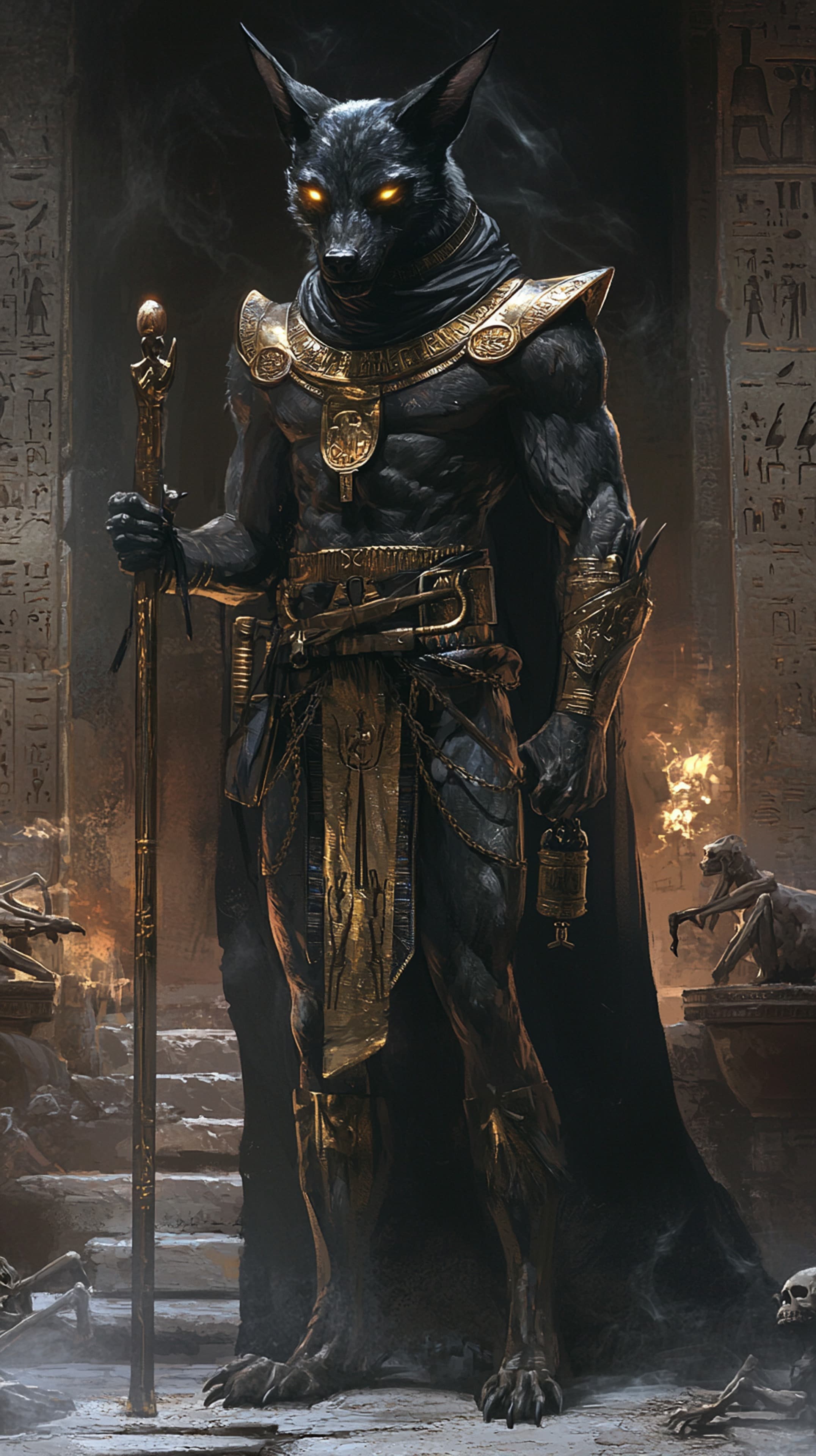 Dark Egyptian Wolf-Warrior in Golden Armor with Ankh - High Resolution ancient-temple Wallpaper for Mobile and Desktop