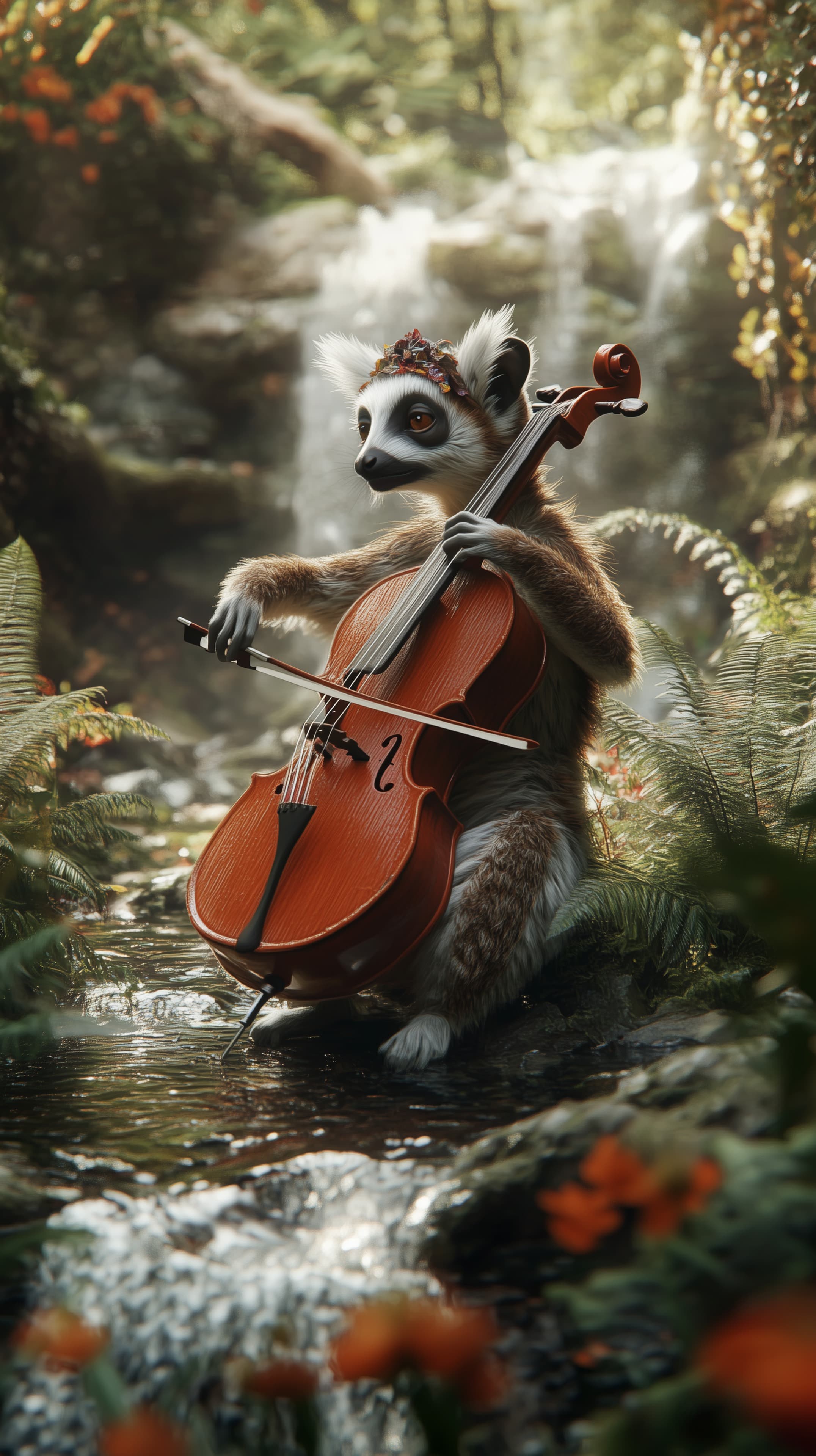 Whimsical forest animal plays cello by a sunlit stream - High Resolution cellist-animal Wallpaper for Mobile and Desktop