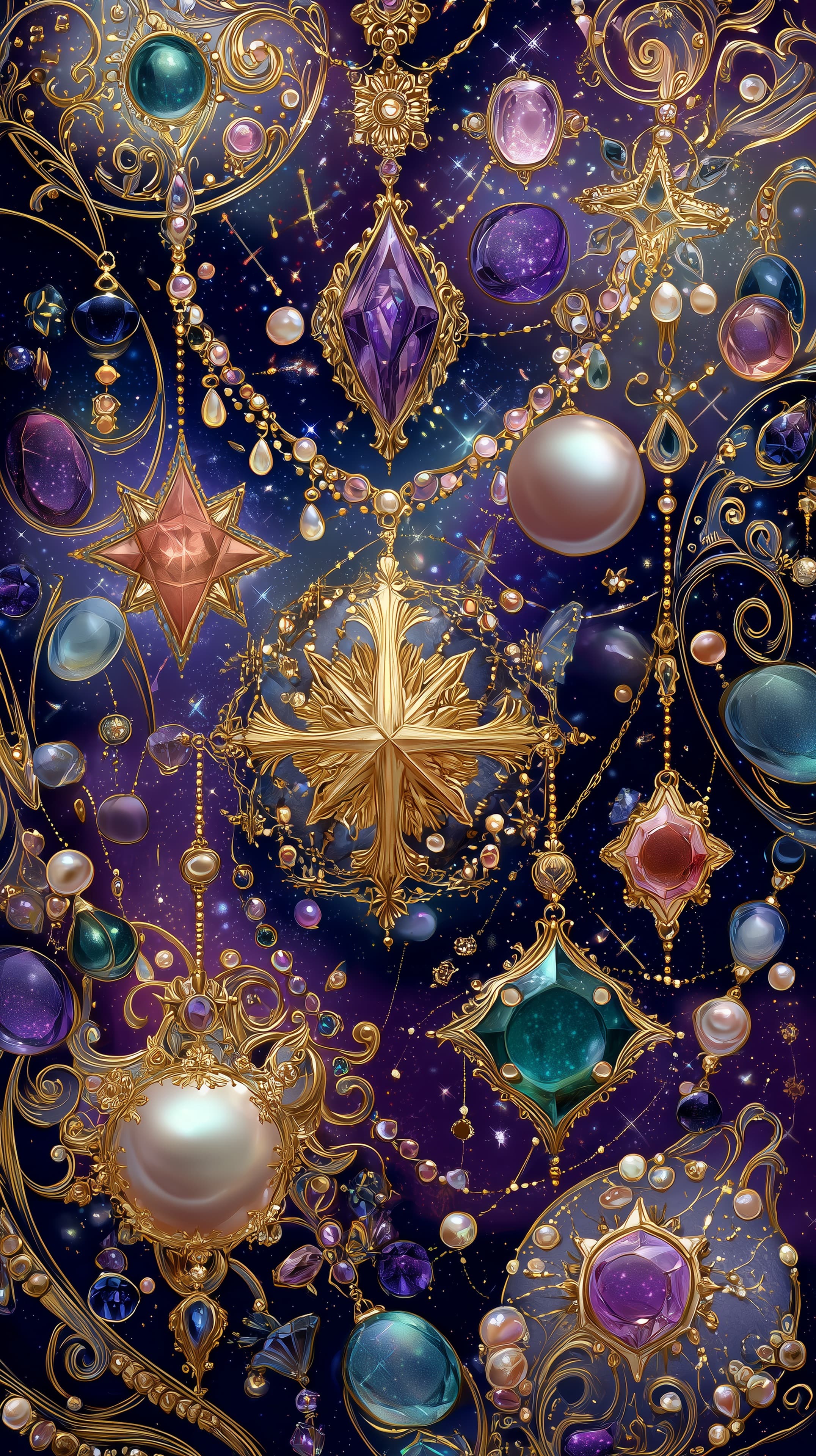 Ornate Gold Jewelry and Gem Galaxy: Cosmic Jewel Wallpaper - High Resolution celestial Wallpaper for Mobile and Desktop