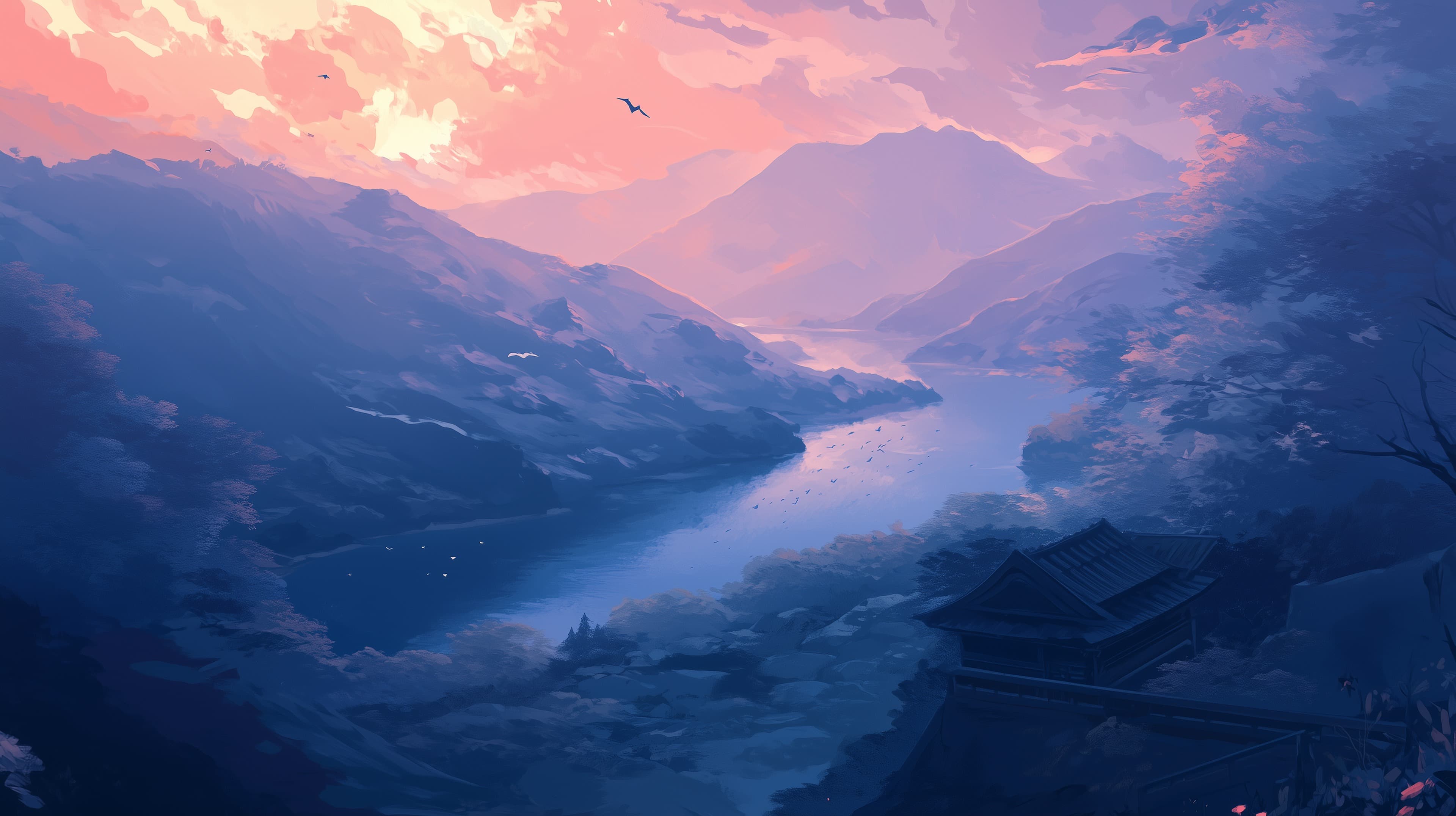 Dreamy Mountain Valley Sunset Wallpaper with Serene River - High Resolution mountain-valley Wallpaper for Mobile and Desktop