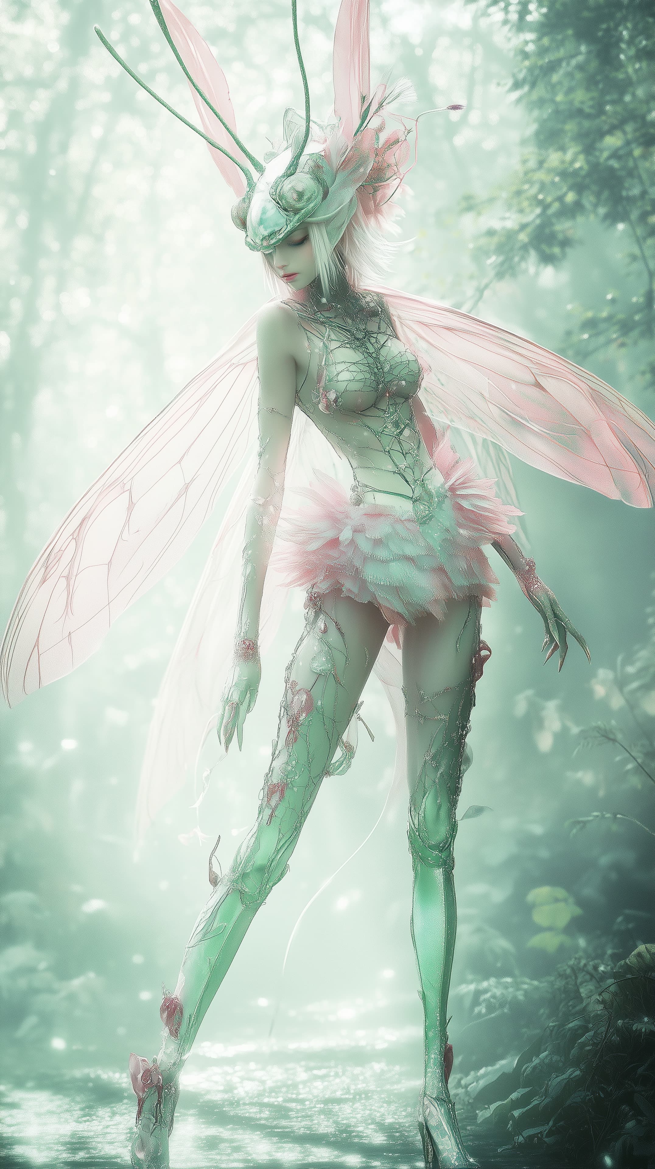 Pastel Forest Fairy with Translucent Wings in Ethereal Glow - High Resolution digital-illustration Wallpaper for Mobile and Desktop