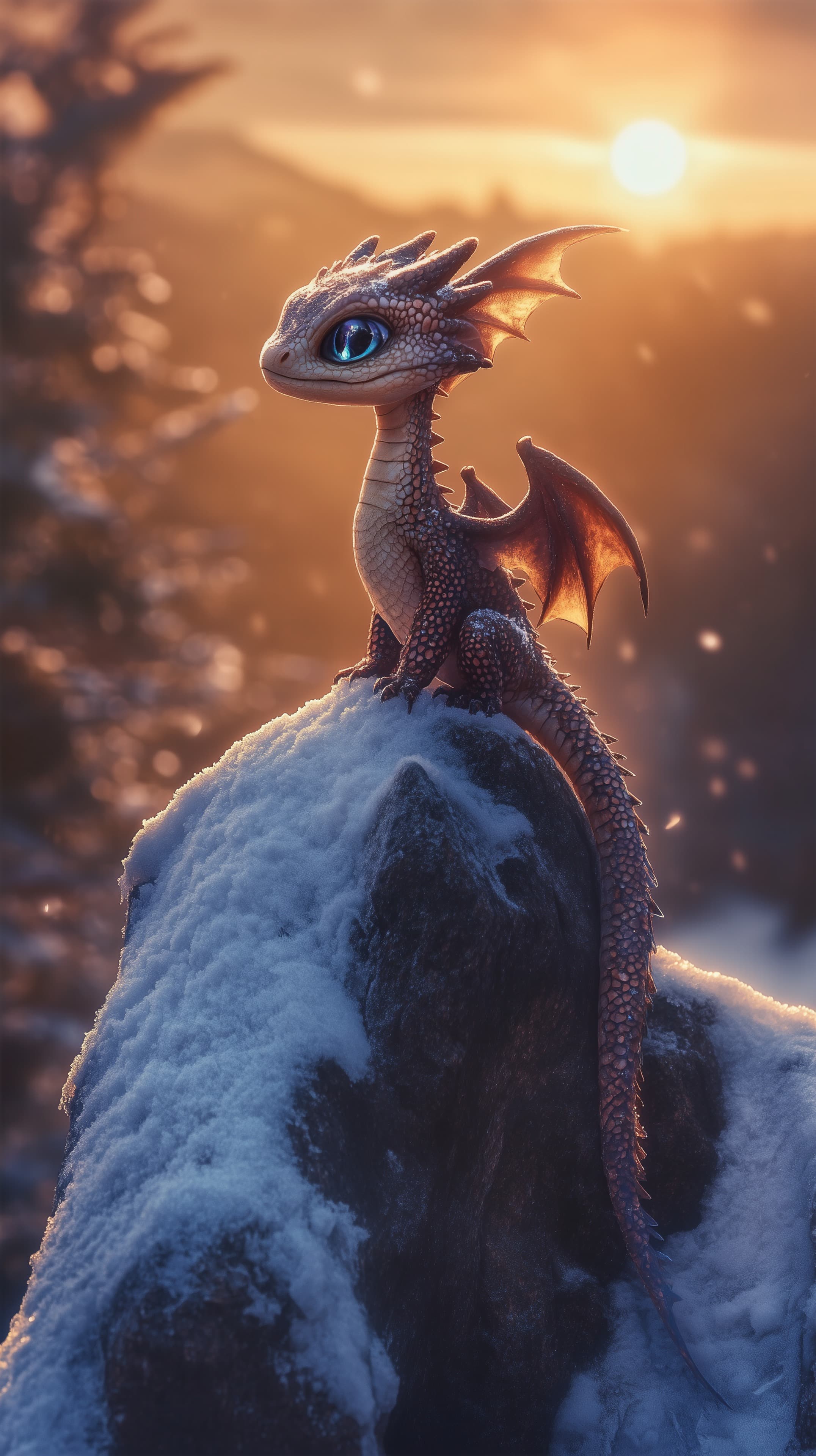 Winter Sunset Dragon on Snowy Cliff - Fantasy Wallpaper - High Resolution 3d-render Wallpaper for Mobile and Desktop