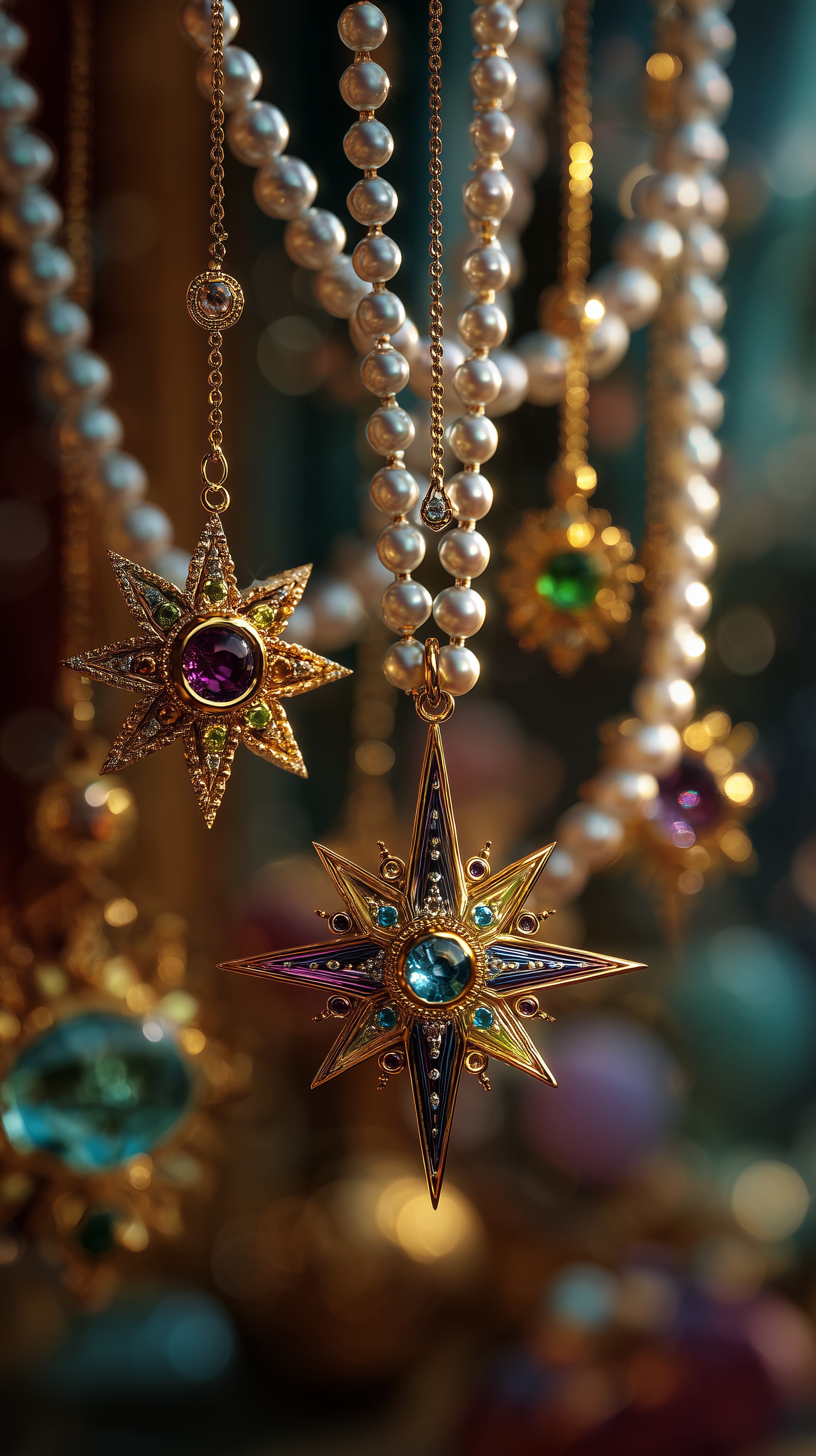 Elegant Star Jewelry Pendant with Pearls and Gemstones in Gold - High Resolution decor Wallpaper for Mobile and Desktop