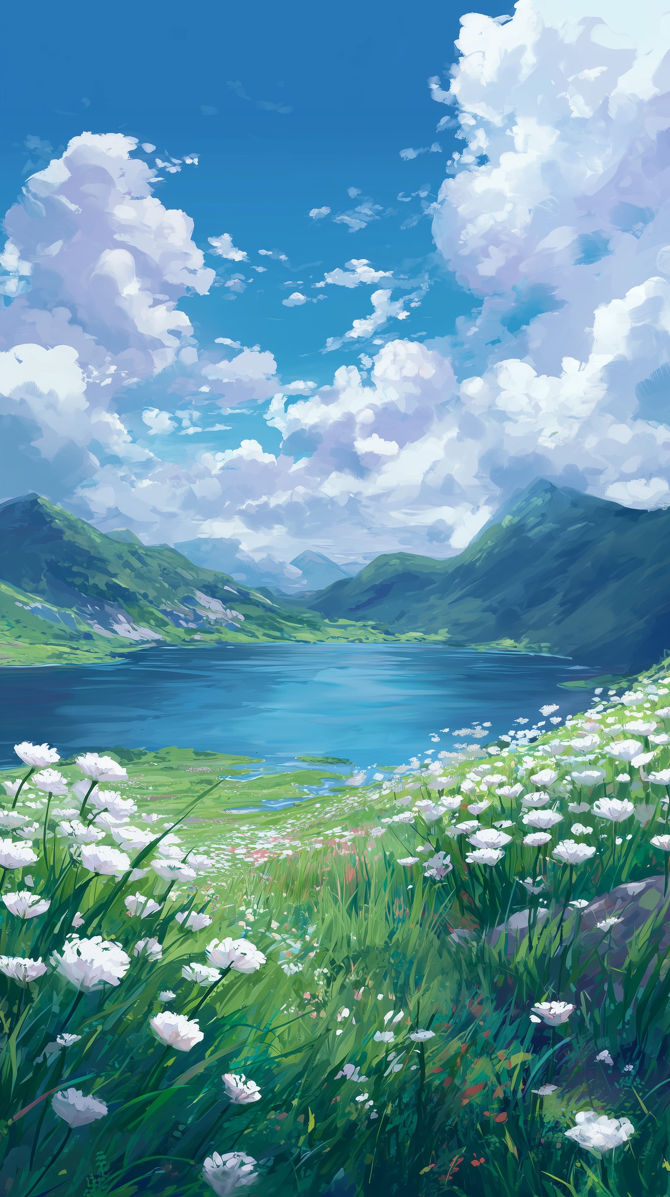 Serene Mountain Lake Landscape with Wildflowers and Clouds - High Resolution blue-sky Wallpaper for Mobile and Desktop