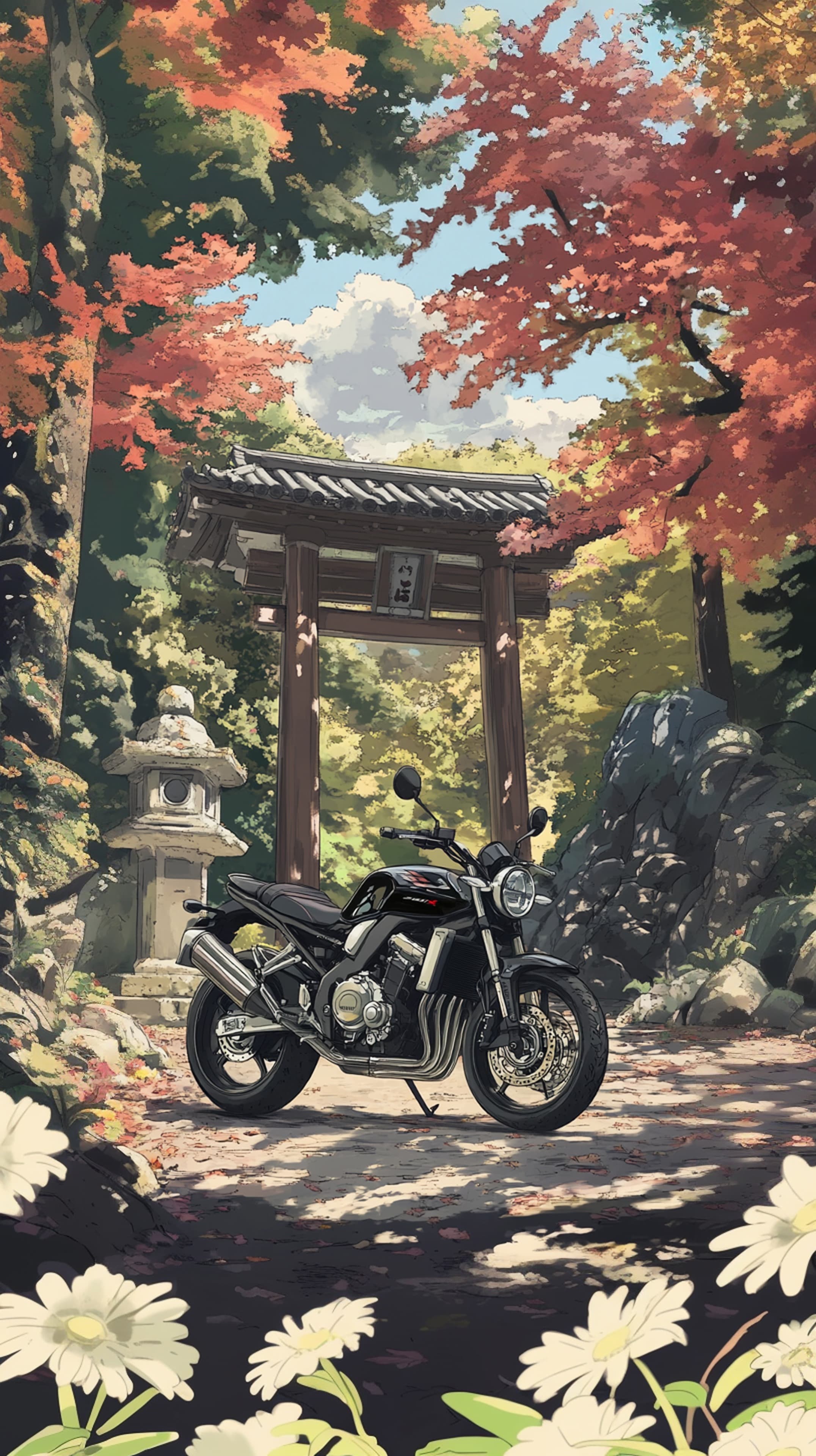 Autumn Forest Scene with Motorcycle by a Traditional Torii Gate - High Resolution motorcycle Wallpaper for Mobile and Desktop