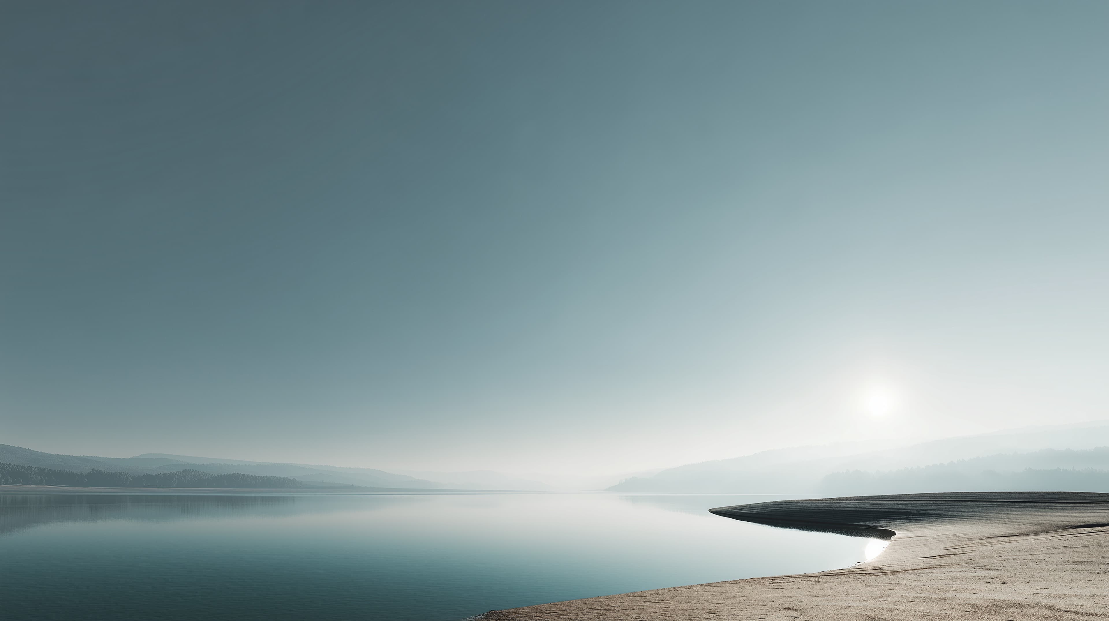 Serene Lake Sunrise: Misty Horizon Minimalist Wallpaper - High Resolution blue-gradient Wallpaper for Mobile and Desktop