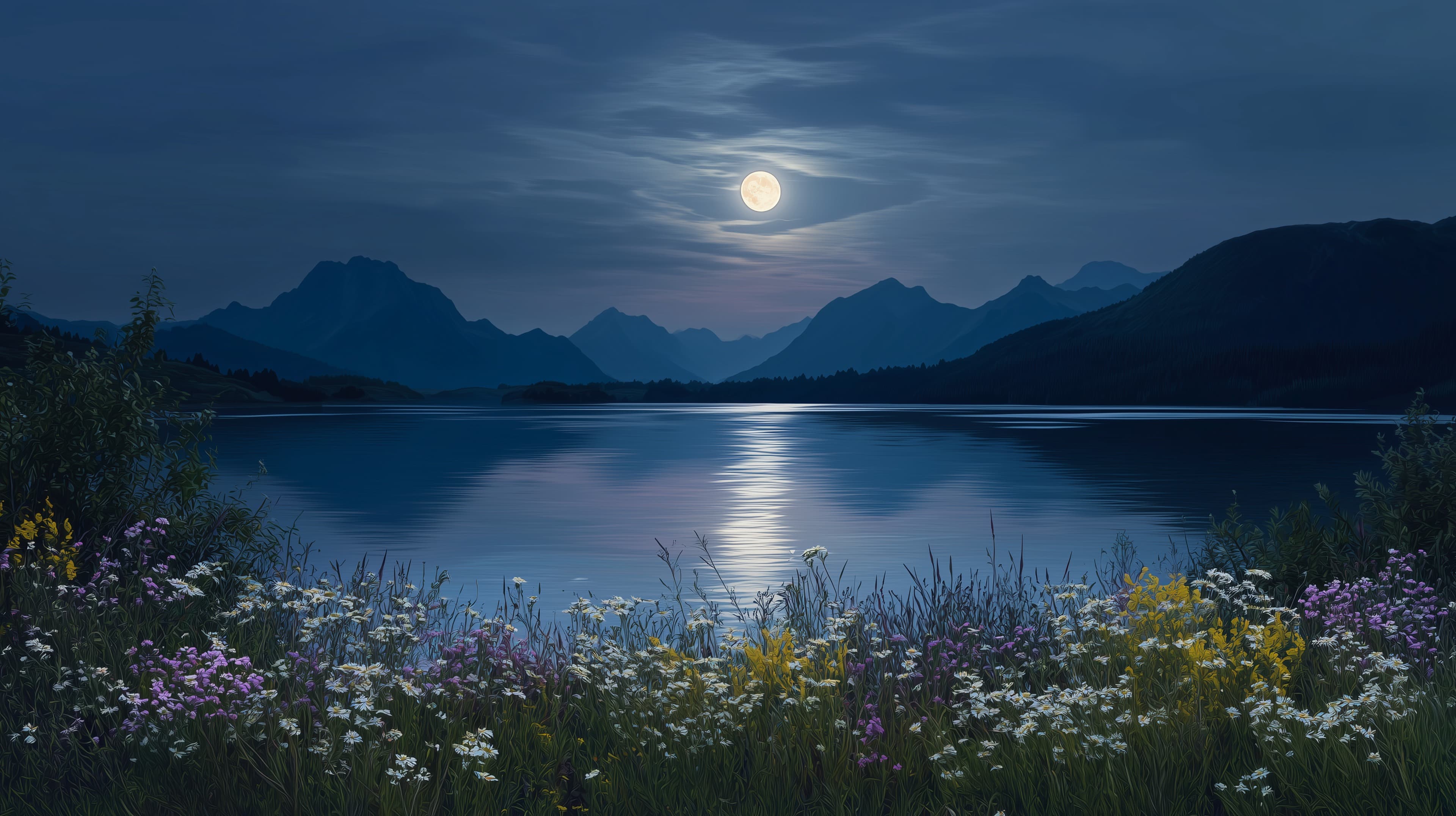Moonlit Mountain Lake at Night with Wildflowers - Scenic Wallpaper - High Resolution blue-night-wallpaper Wallpaper for Mobile and Desktop
