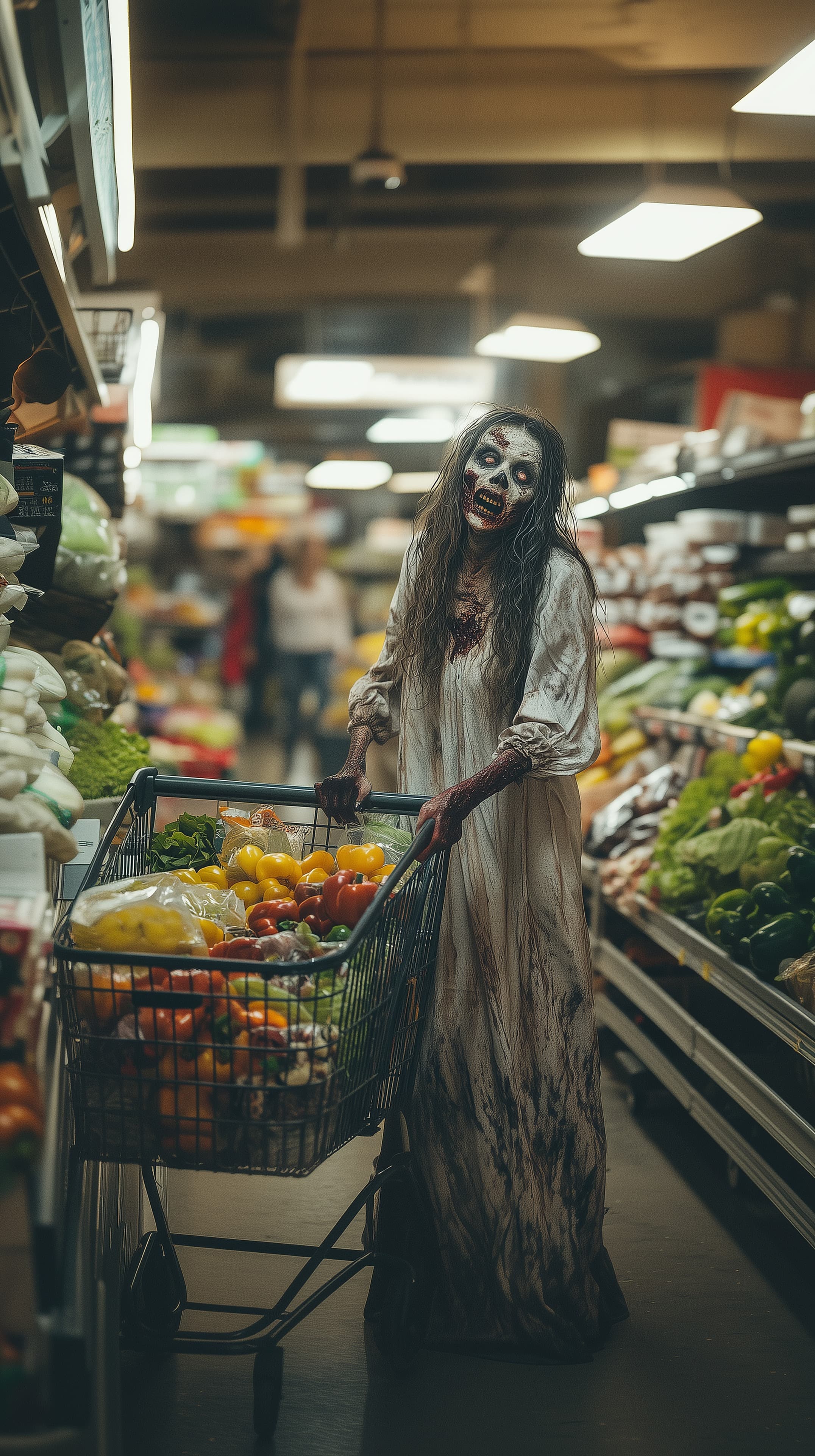 Haunted Grocery Aisle: Zombie Shopper in Dim Store Scene - High Resolution cinematic Wallpaper for Mobile and Desktop