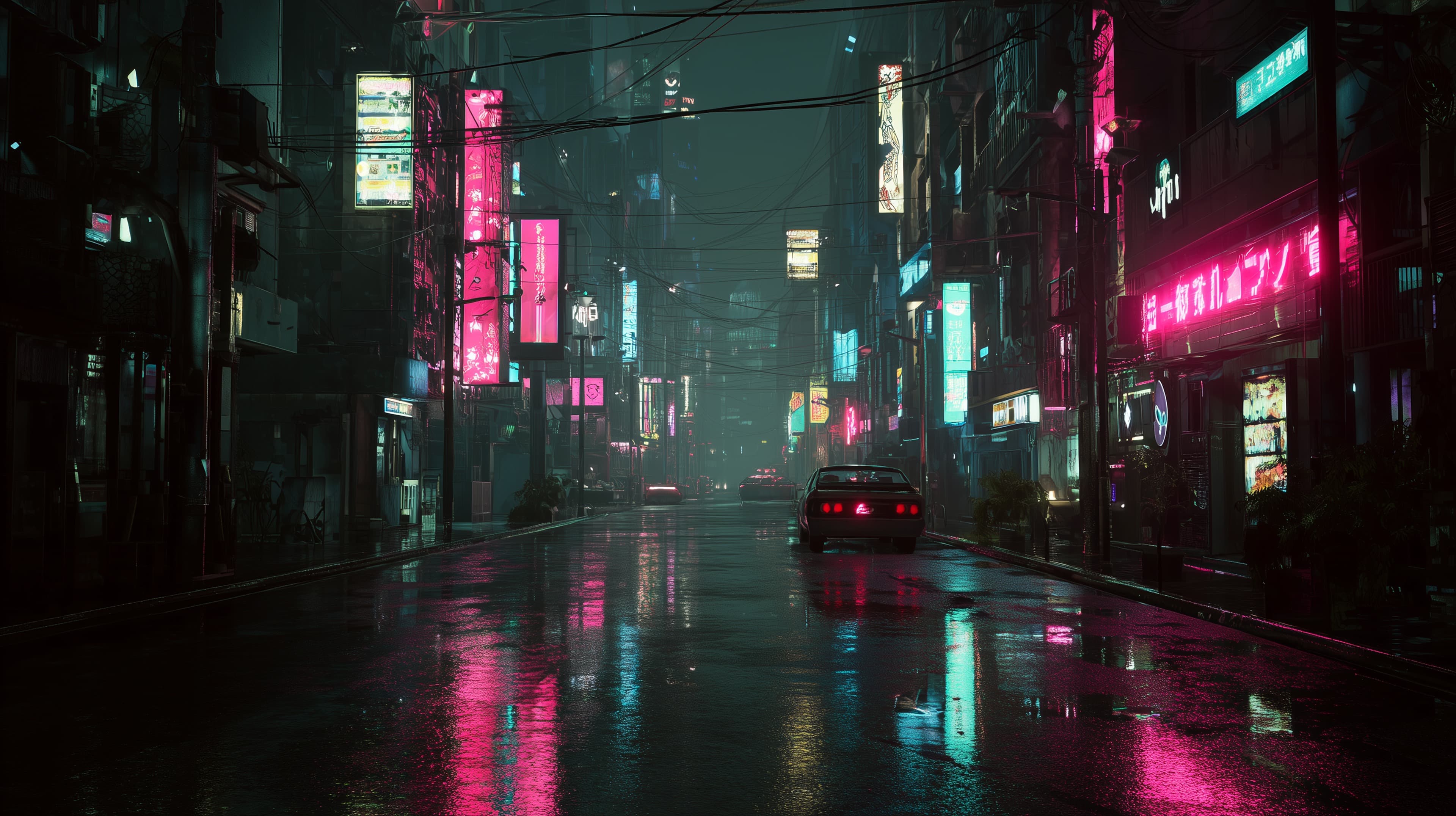 Neon Rain City Night: Cyberpunk Street with Wet Reflections - High Resolution city Wallpaper for Mobile and Desktop