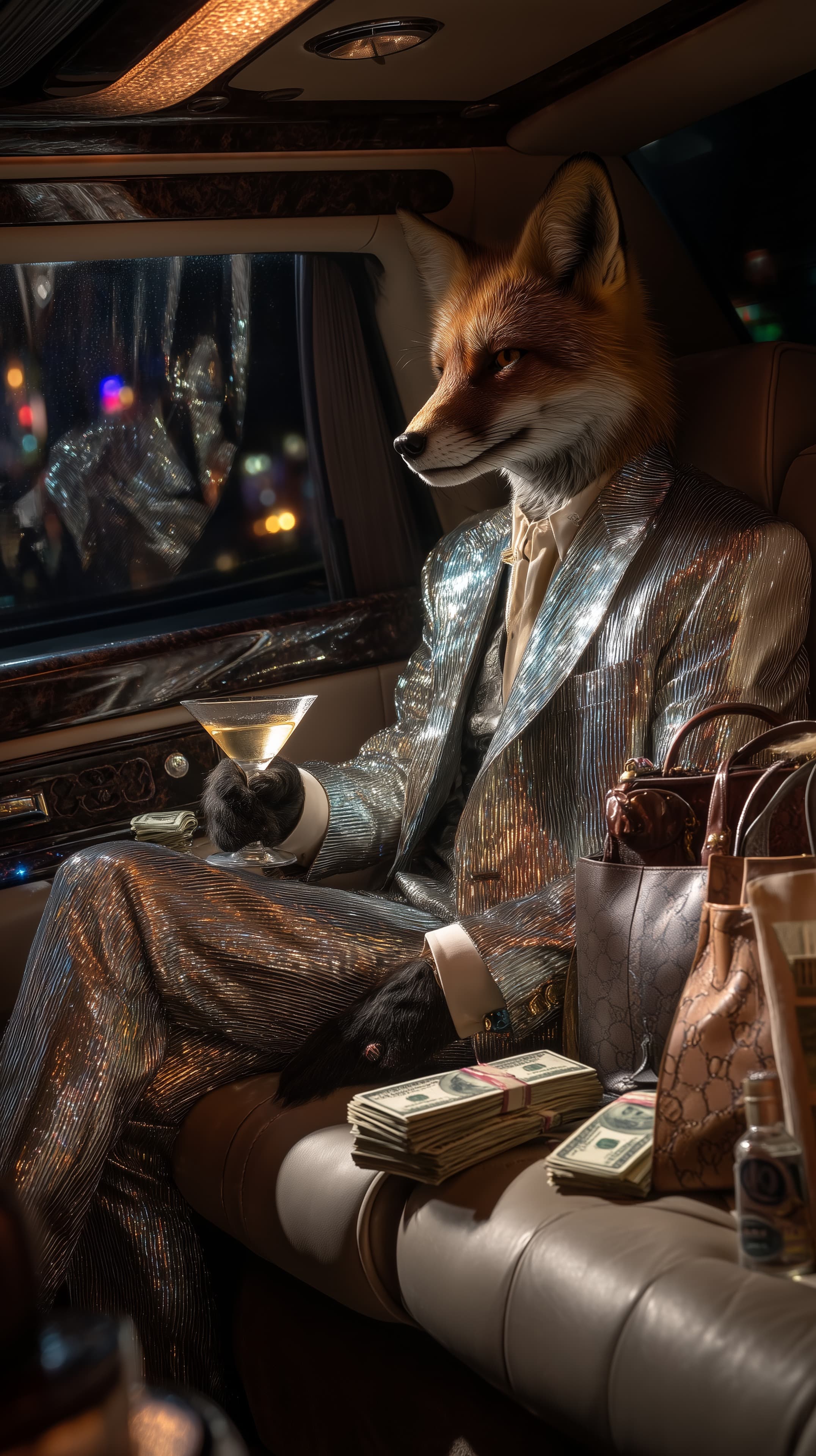 Fox in a Shimmering Silver Suit Inside a Luxury Car at Night - High Resolution fox Wallpaper for Mobile and Desktop