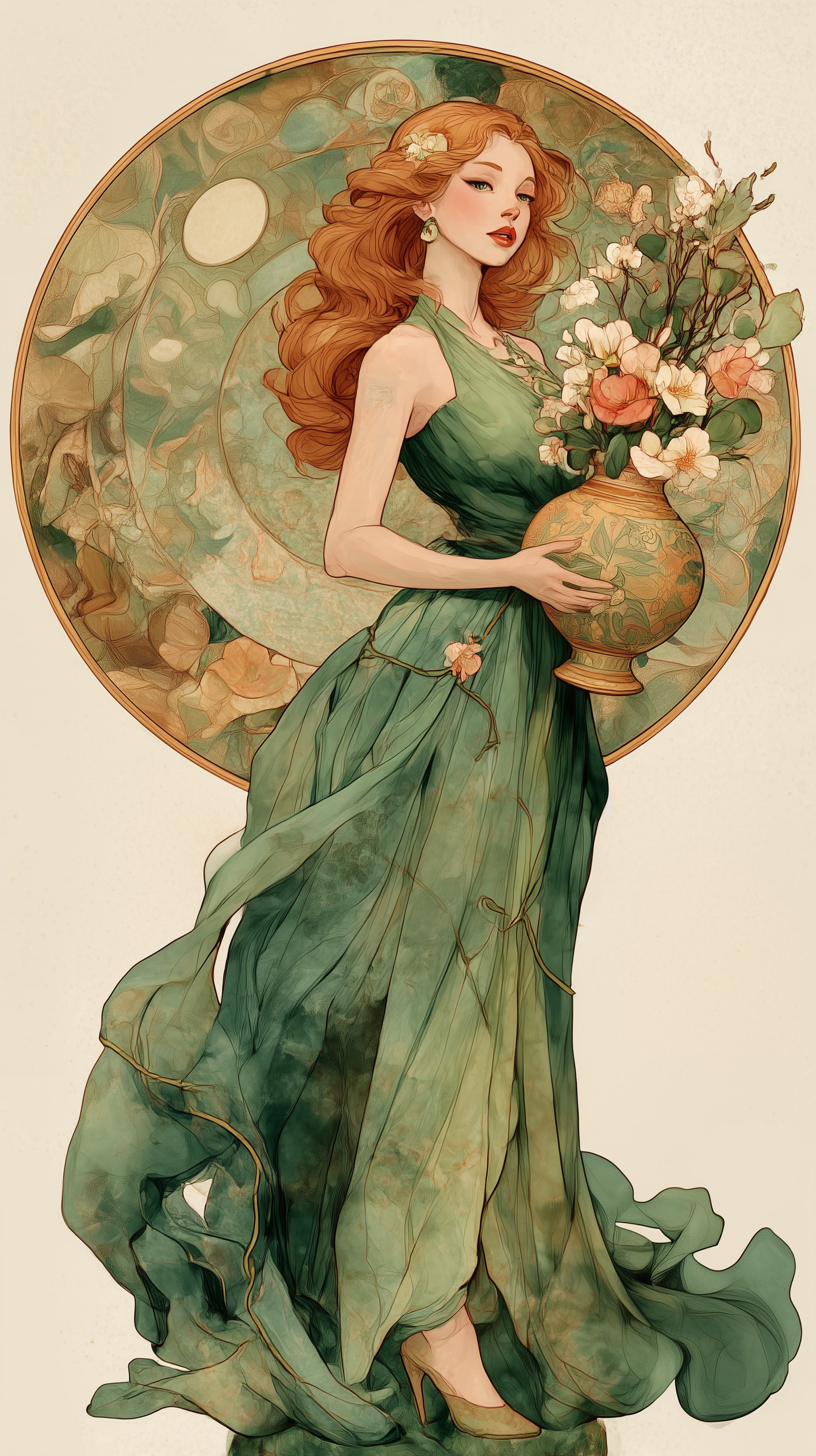 Elegant Green-Gown Portrait with Vase of Flowers in Art Nouveau - High Resolution art-nouveau Wallpaper for Mobile and Desktop
