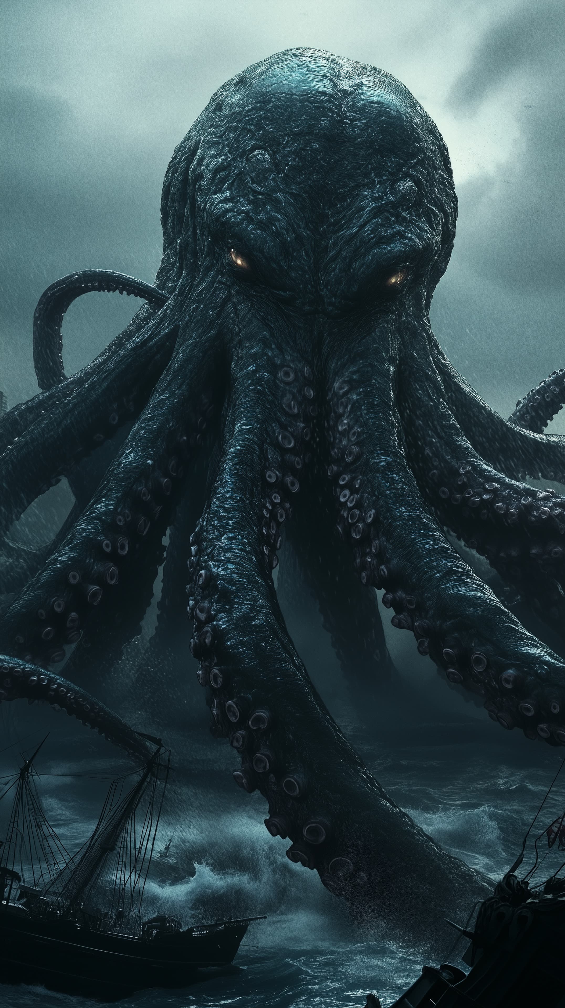 Massive Tentacled Sea Monster Overwhelms a Stormy Warship - High Resolution epic-ocean-scene Wallpaper for Mobile and Desktop