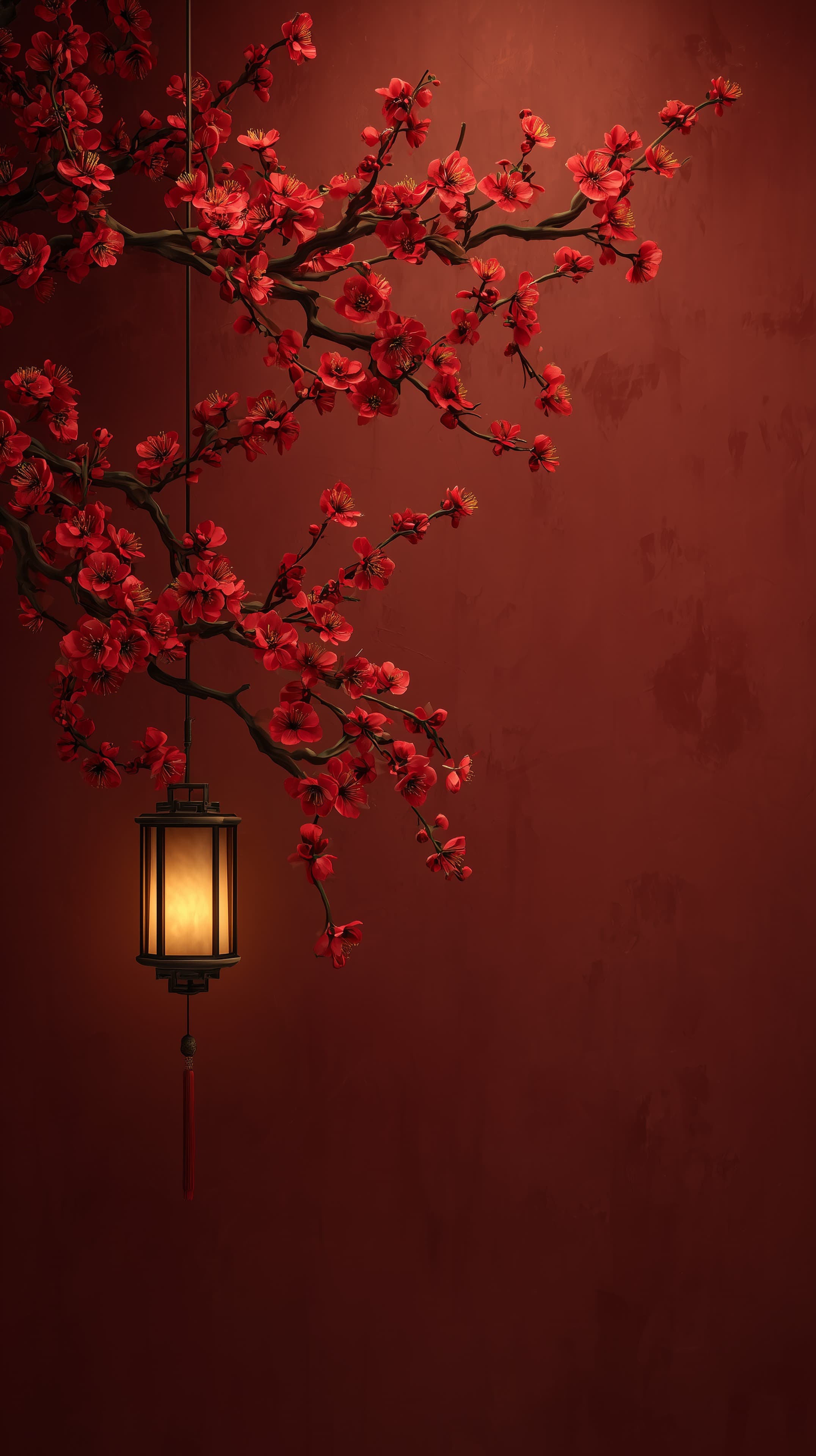 Red Plum Blossom Wall Art with Lantern - Asian-Inspired Wallpaper - High Resolution asian-decor Wallpaper for Mobile and Desktop