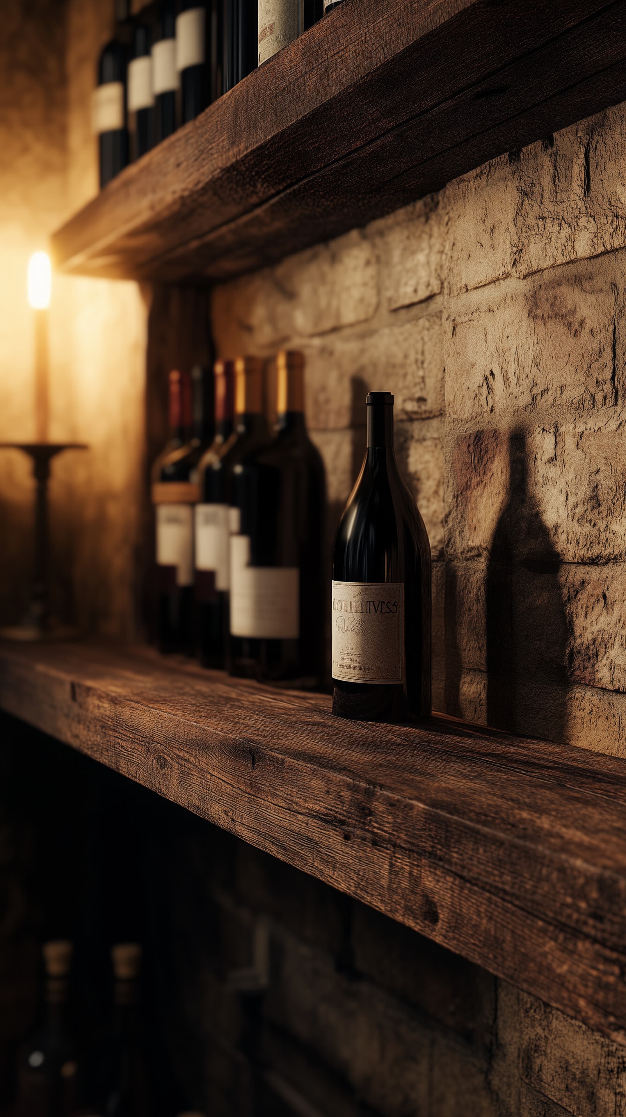 Warm Rustic Wine Shelf Against Brick Wall — Cozy Bar Vibe - High Resolution wine Wallpaper for Mobile and Desktop