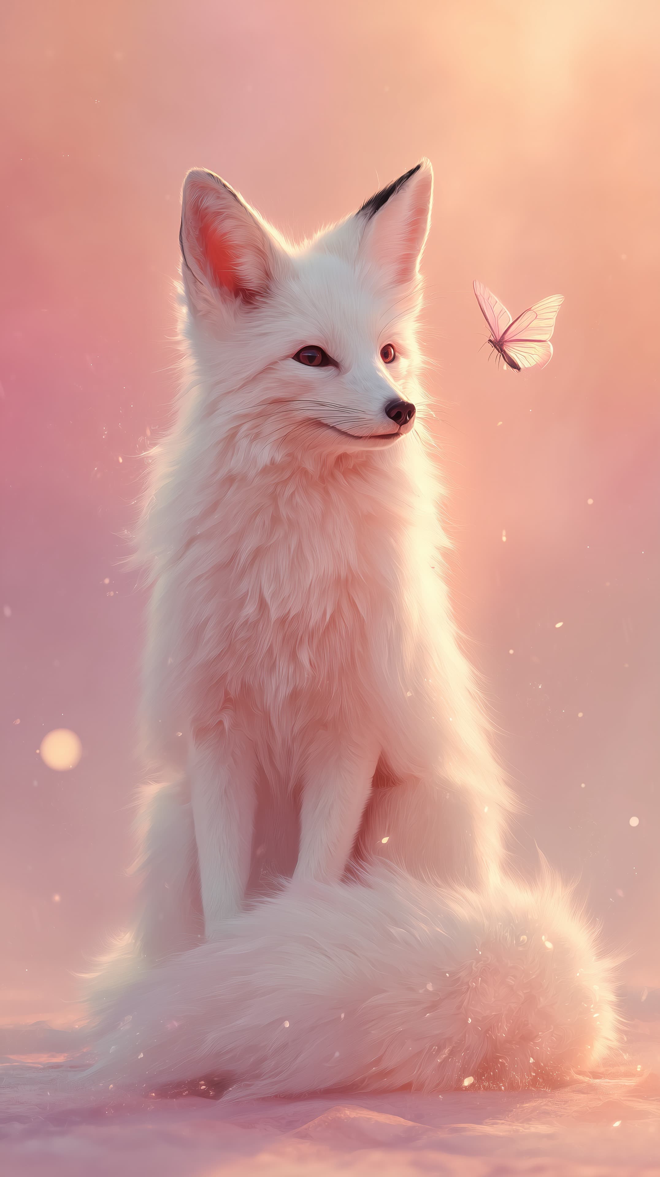 Dreamy White Fox with Butterfly in Soft Sunset Glow - High Resolution butterfly Wallpaper for Mobile and Desktop