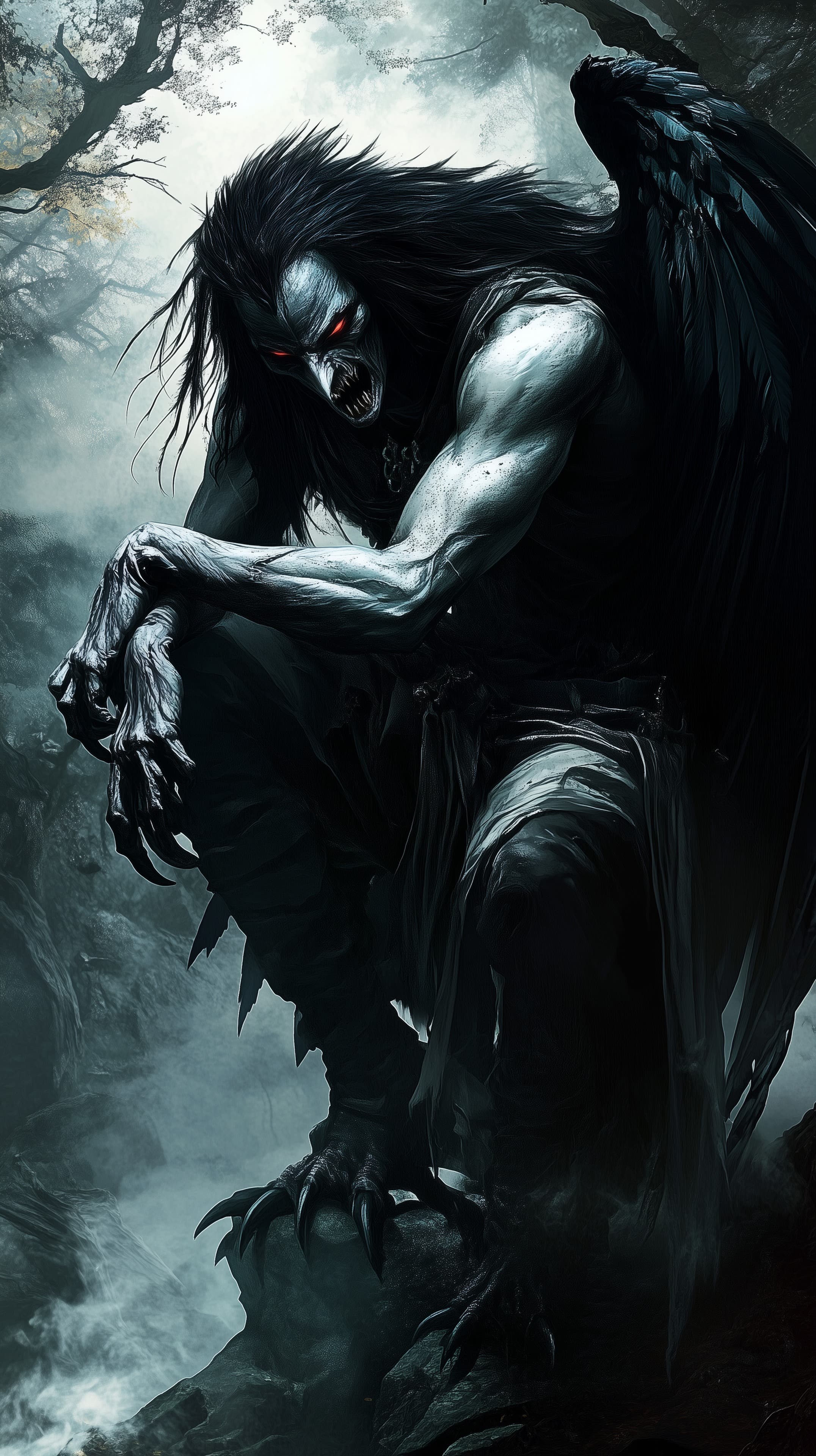 Shadow-Winged Demon in a Misty Forest - Dark Fantasy Wallpaper - High Resolution dark-creature Wallpaper for Mobile and Desktop
