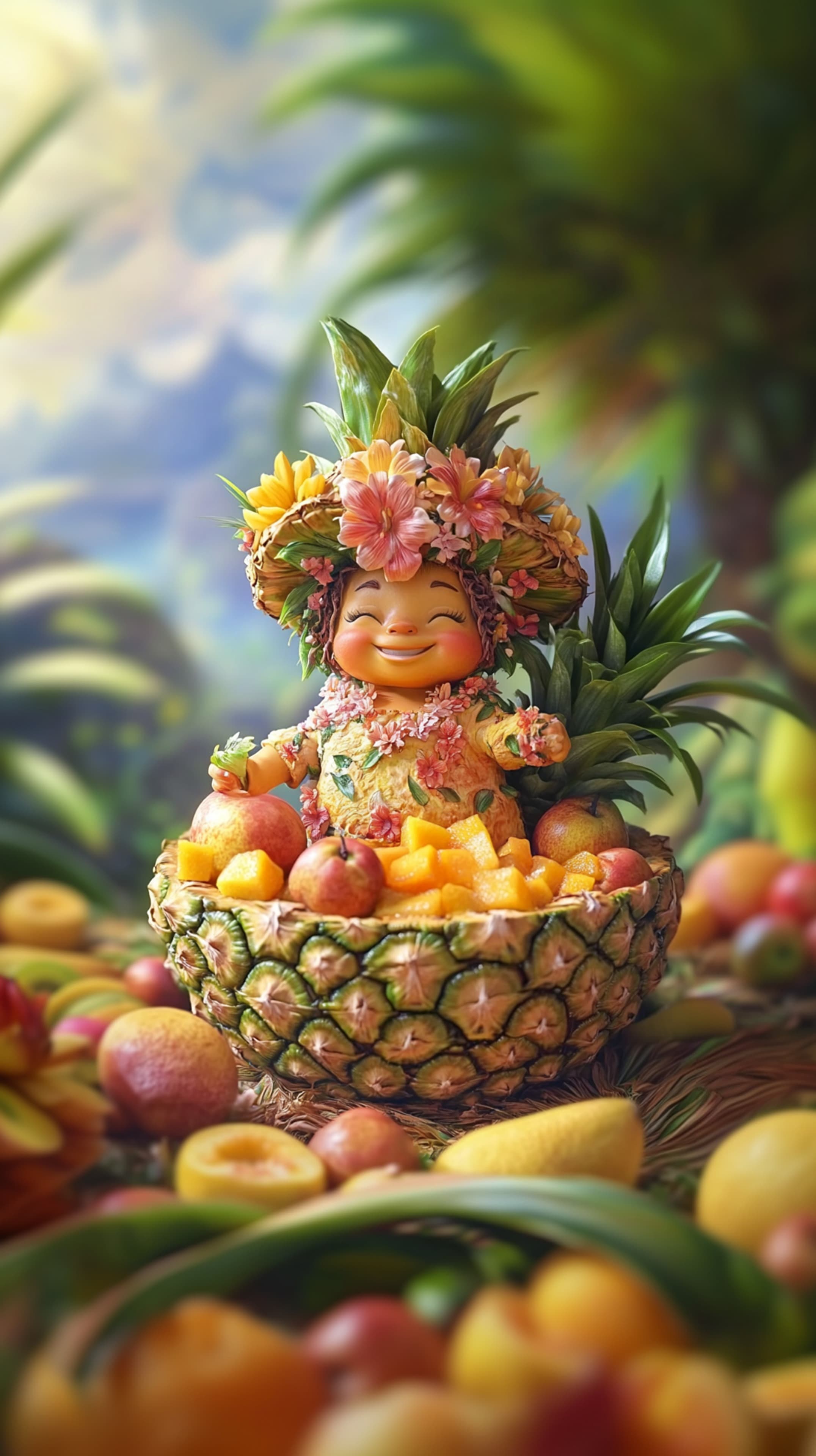 Cheerful Tropical Doll in Pineapple Basket with Fruit - Wallpaper - High Resolution pineapple-basket Wallpaper for Mobile and Desktop