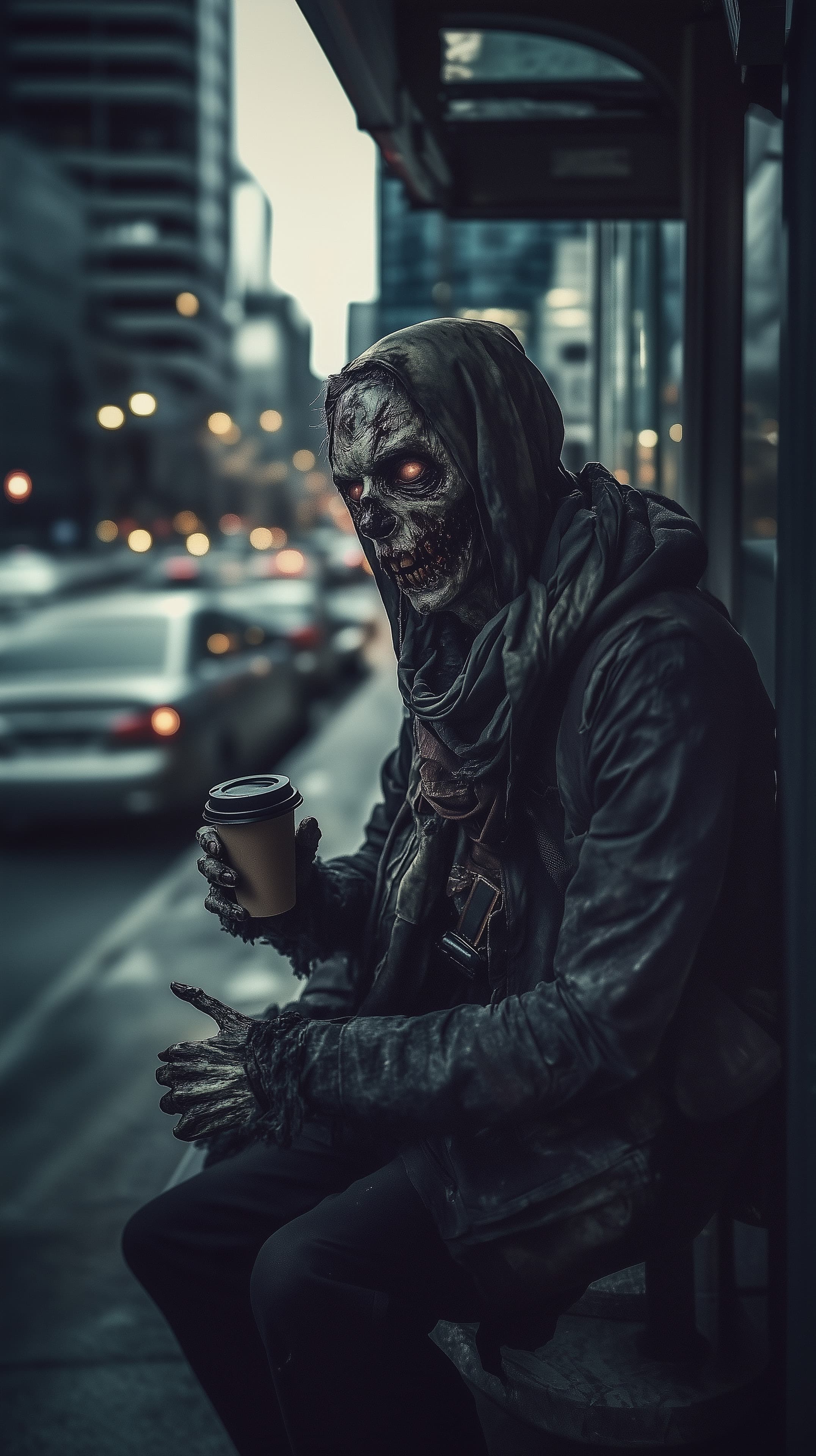 Urban Night Zombie at Bus Stop – Dark Moody Portrait - High Resolution bus-stop Wallpaper for Mobile and Desktop