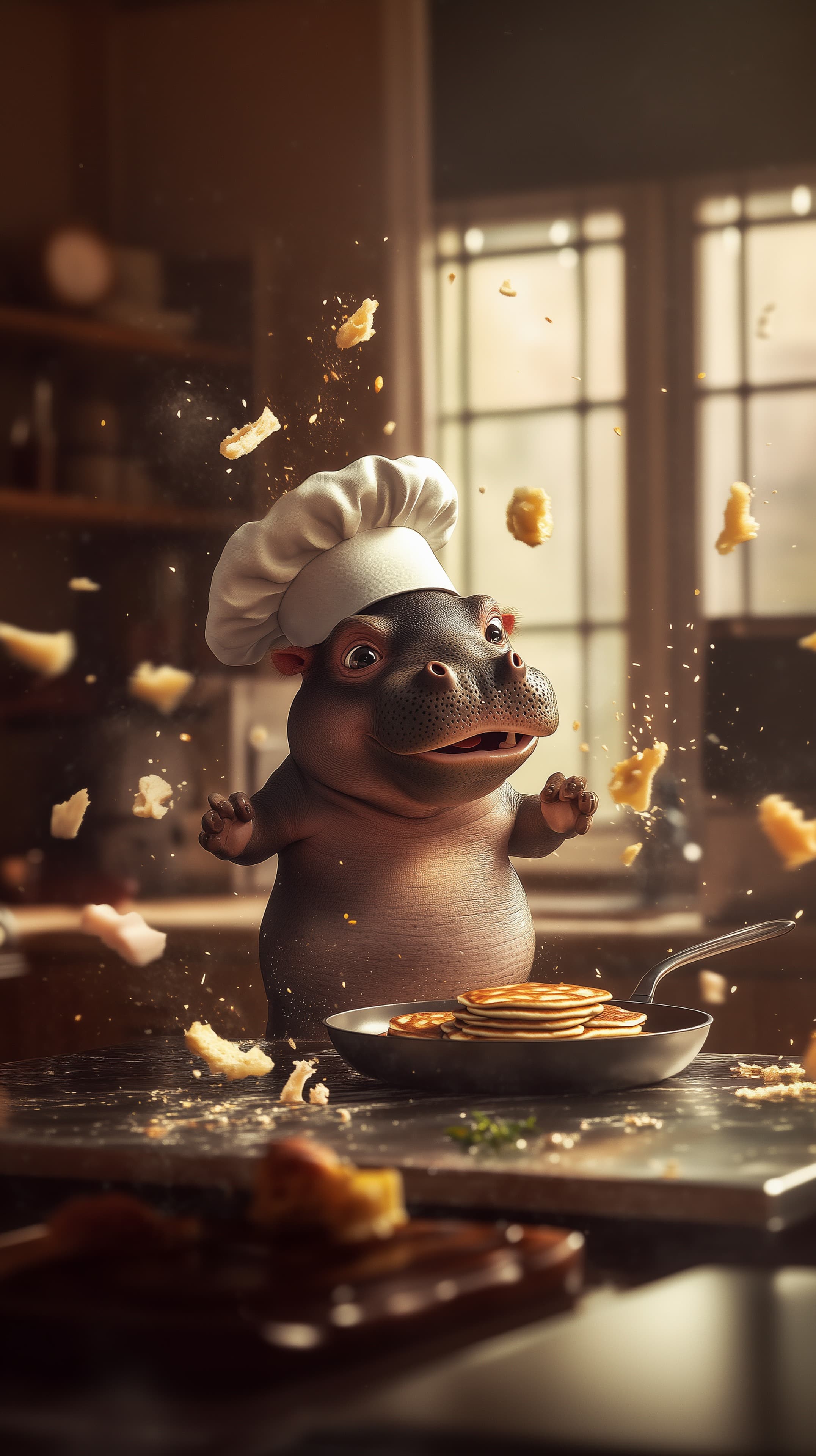 Whimsical Hippo Chef Flips Pancakes in Cozy Kitchen - High Resolution animal-chef Wallpaper for Mobile and Desktop