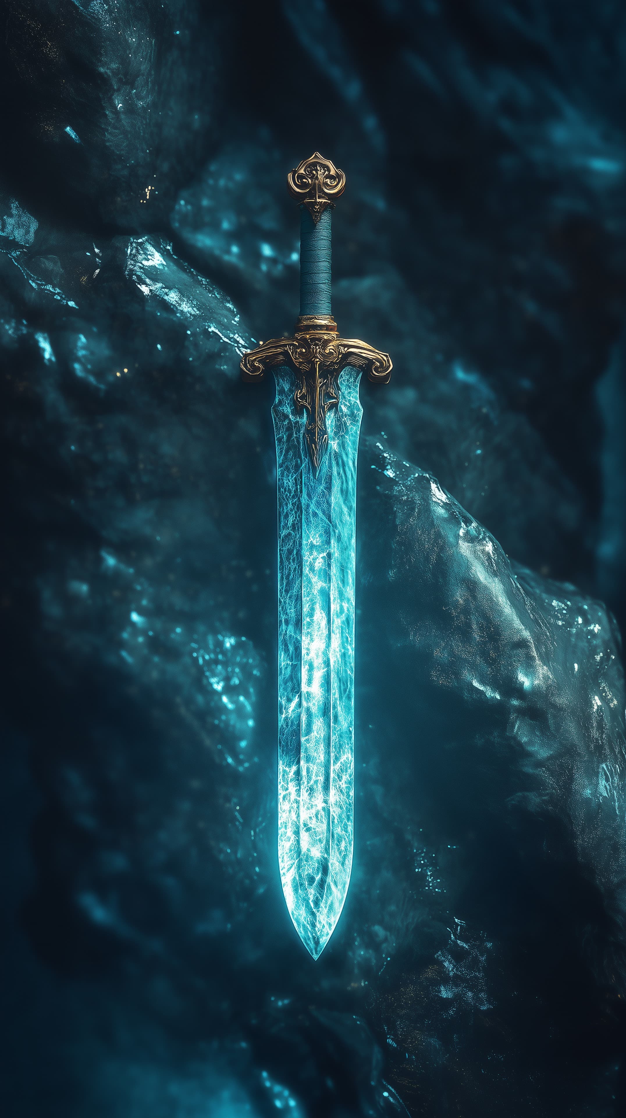 Glowing Ice Sword Resting in a Secret Mystic Cavern - High Resolution blue-glow Wallpaper for Mobile and Desktop