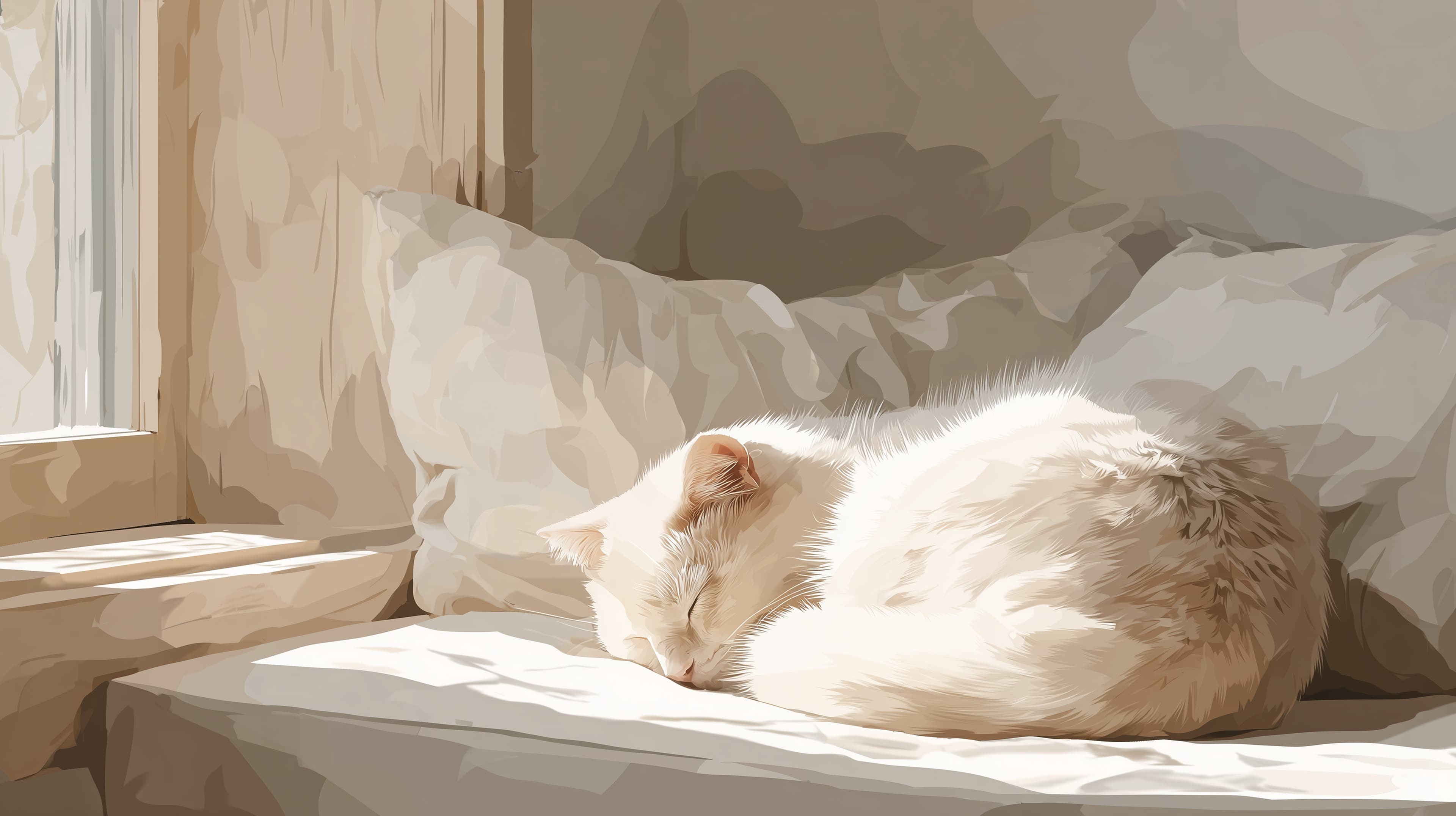 Serene Sleeping Cat by Sunlit Window - Cozy Home Wallpaper - High Resolution cat Wallpaper for Mobile and Desktop