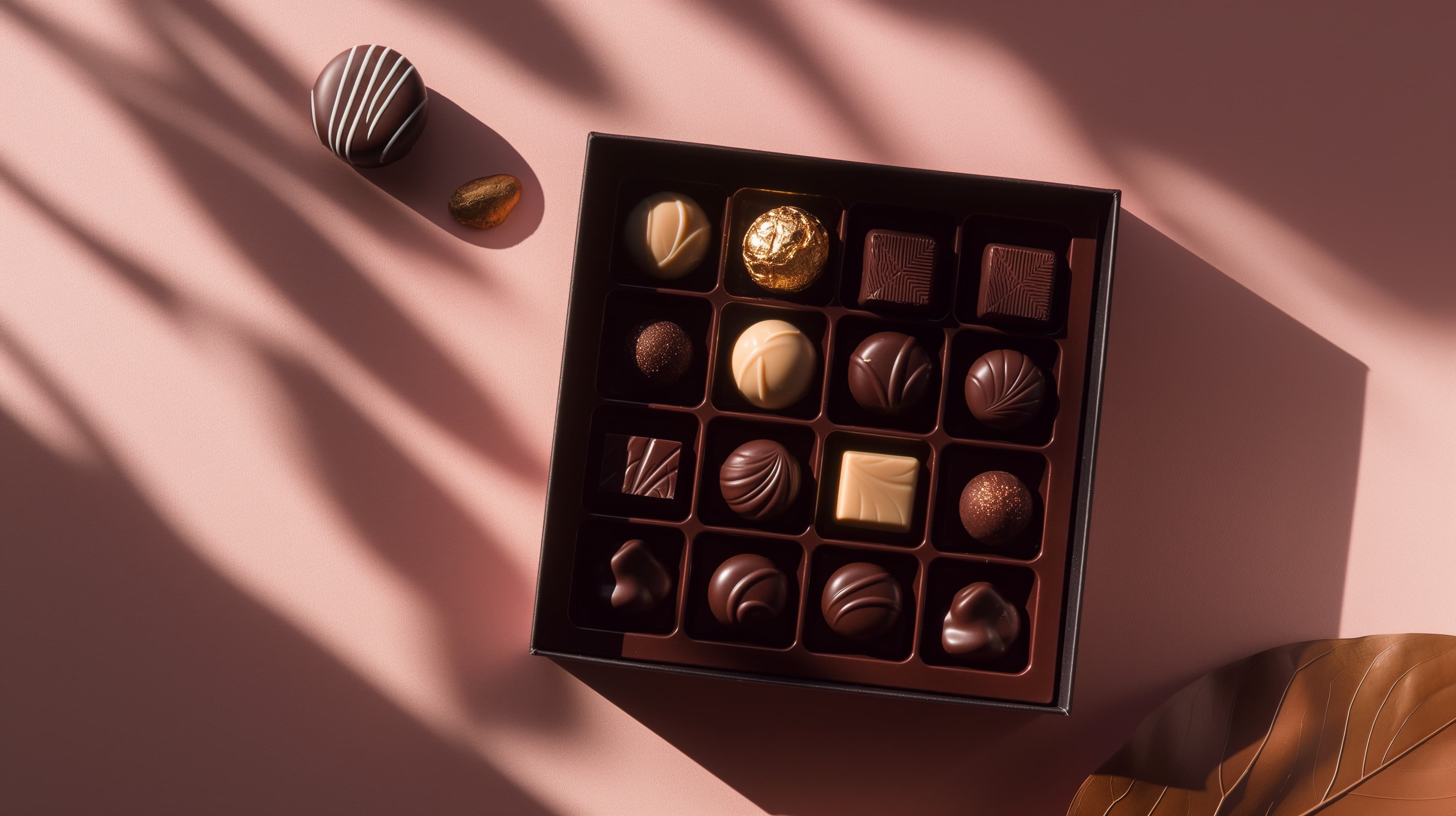 Luxurious chocolate assortment in an elegant pink setting - High Resolution assorted-chocolates Wallpaper for Mobile and Desktop