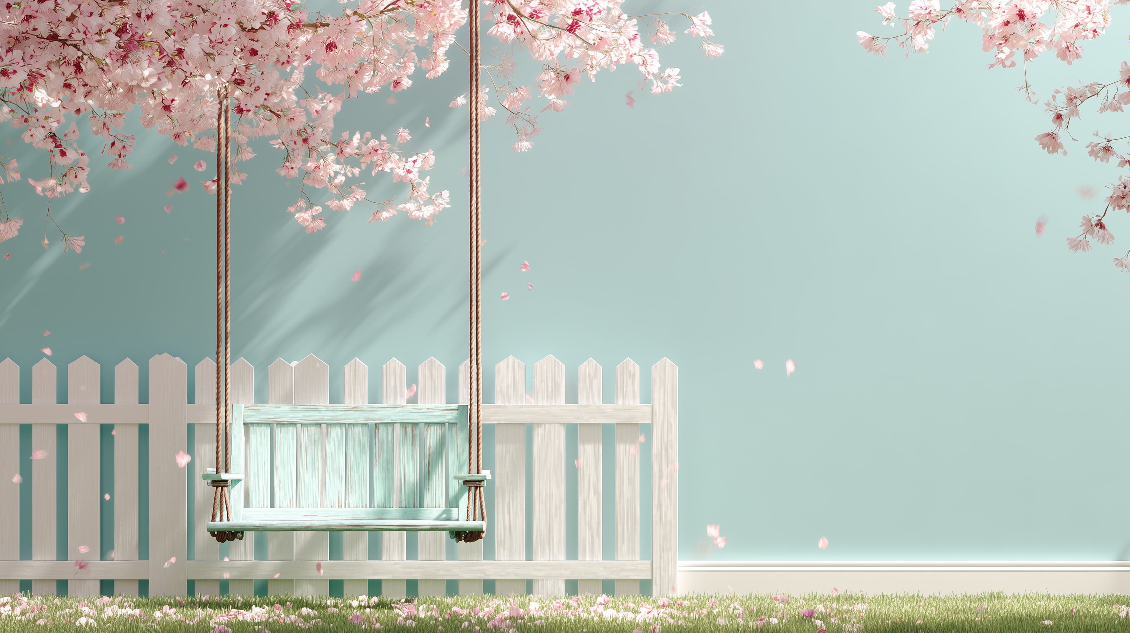 Soft Pastel Garden Swing Under Cherry Blossom Canopy - High Resolution blossoms Wallpaper for Mobile and Desktop