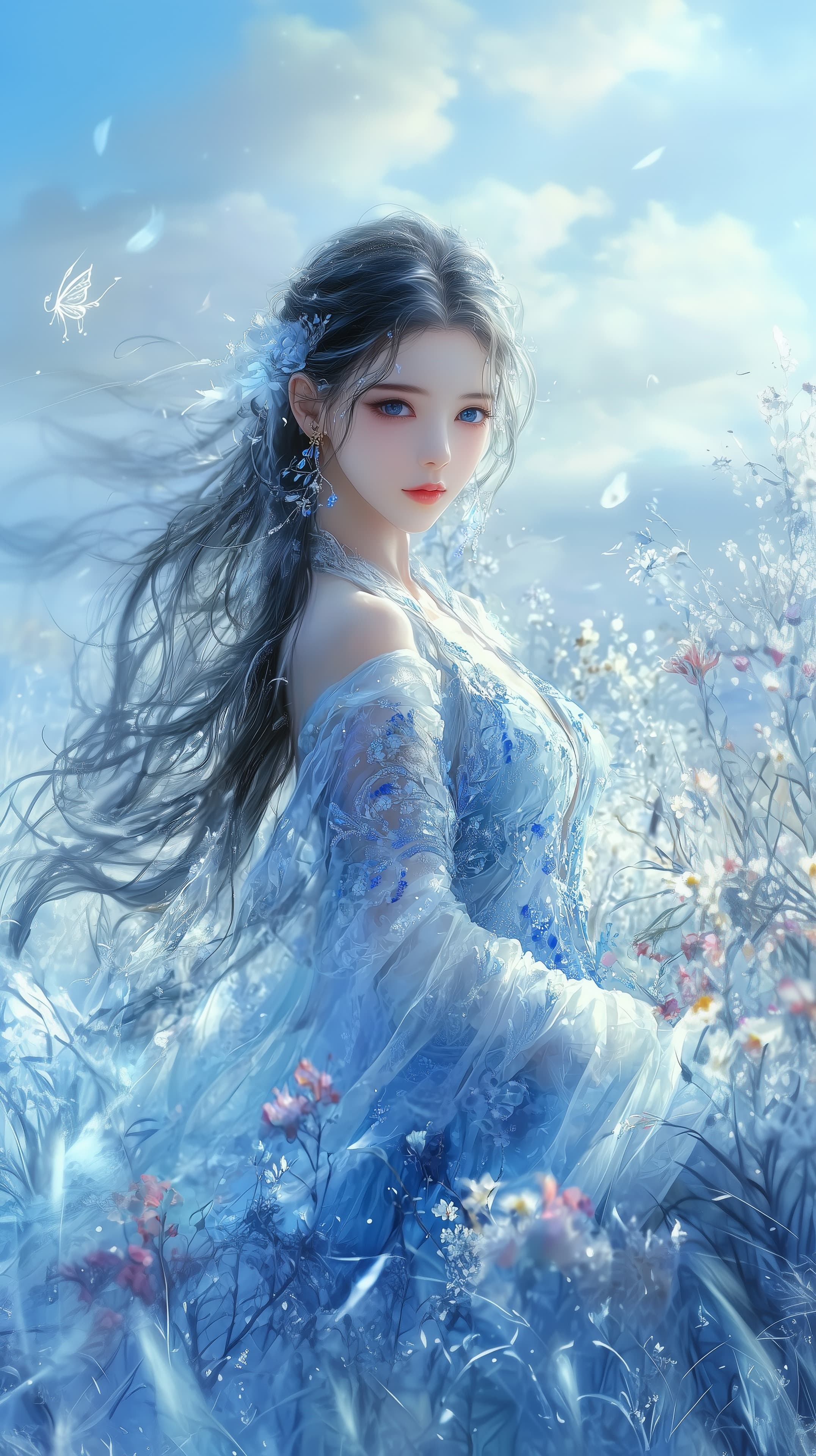 Ethereal Blue Dream: Fantasy Portrait in Ice-Blue Meadow - High Resolution blue-dress Wallpaper for Mobile and Desktop