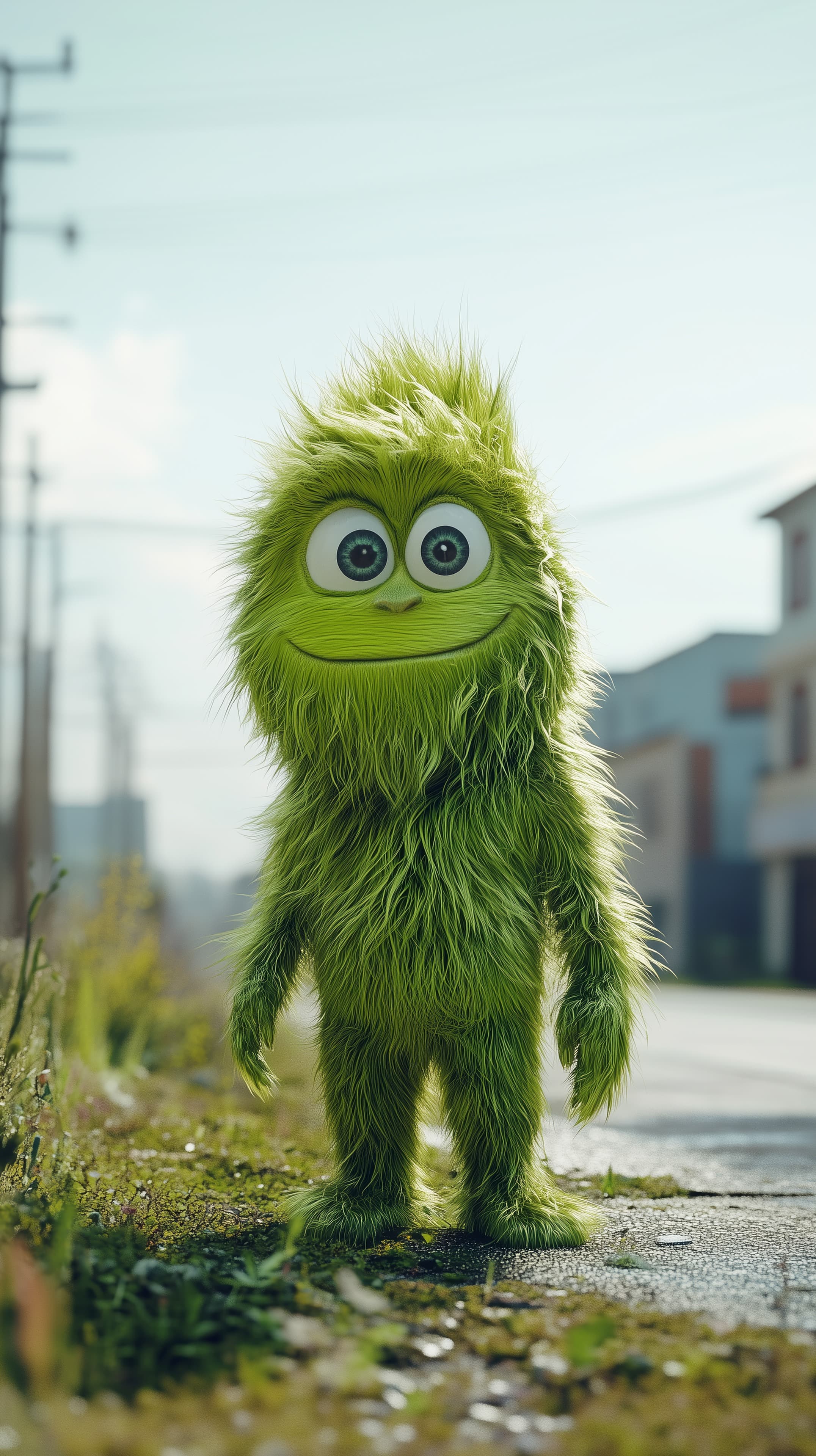 Whimsical Lime Green Furry Creature in Sunny Street - High Resolution cartoon-character Wallpaper for Mobile and Desktop