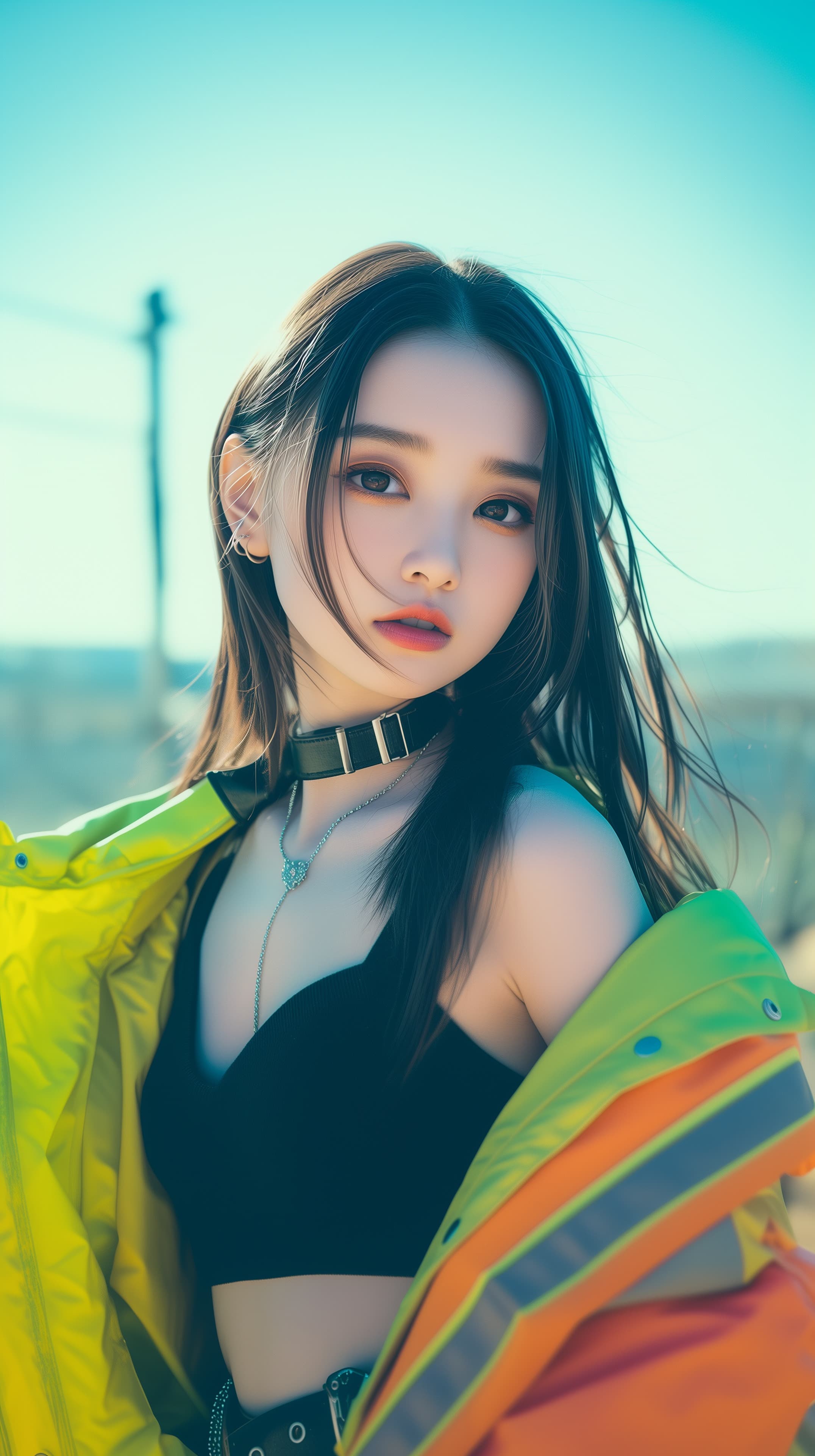 Vibrant Neon Jacket Portrait of a Stylish Outdoor Model - High Resolution blue-sky Wallpaper for Mobile and Desktop