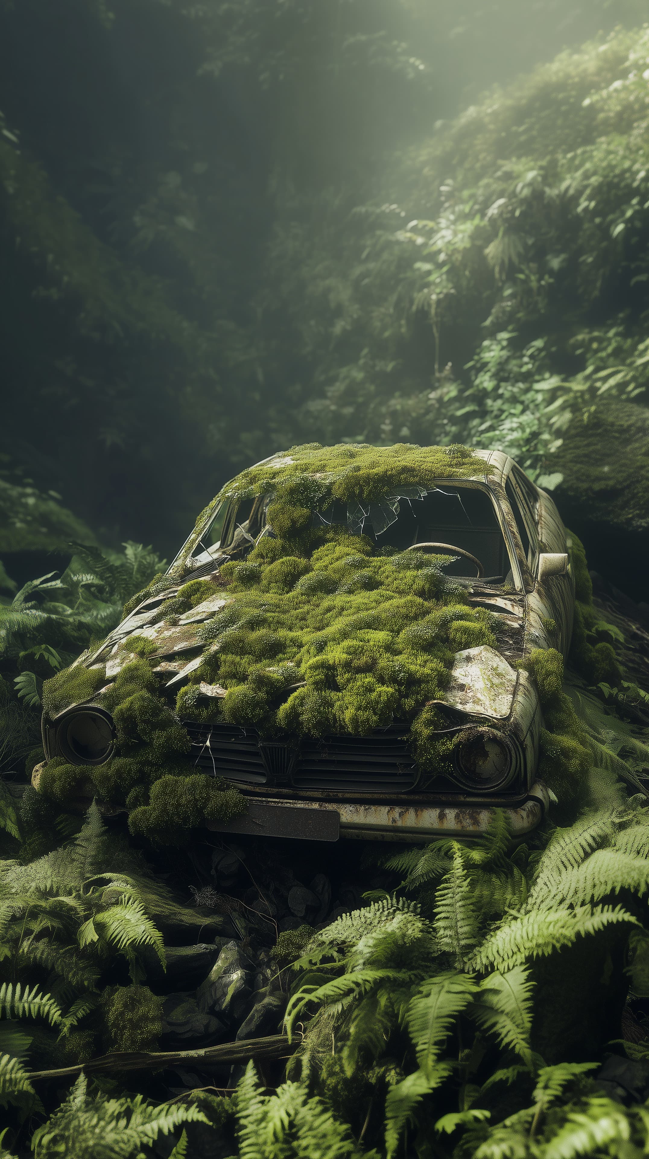 Overgrown Moss-Covered Car in Lush Jungle — Abandoned Vehicle - High Resolution abandoned-car Wallpaper for Mobile and Desktop