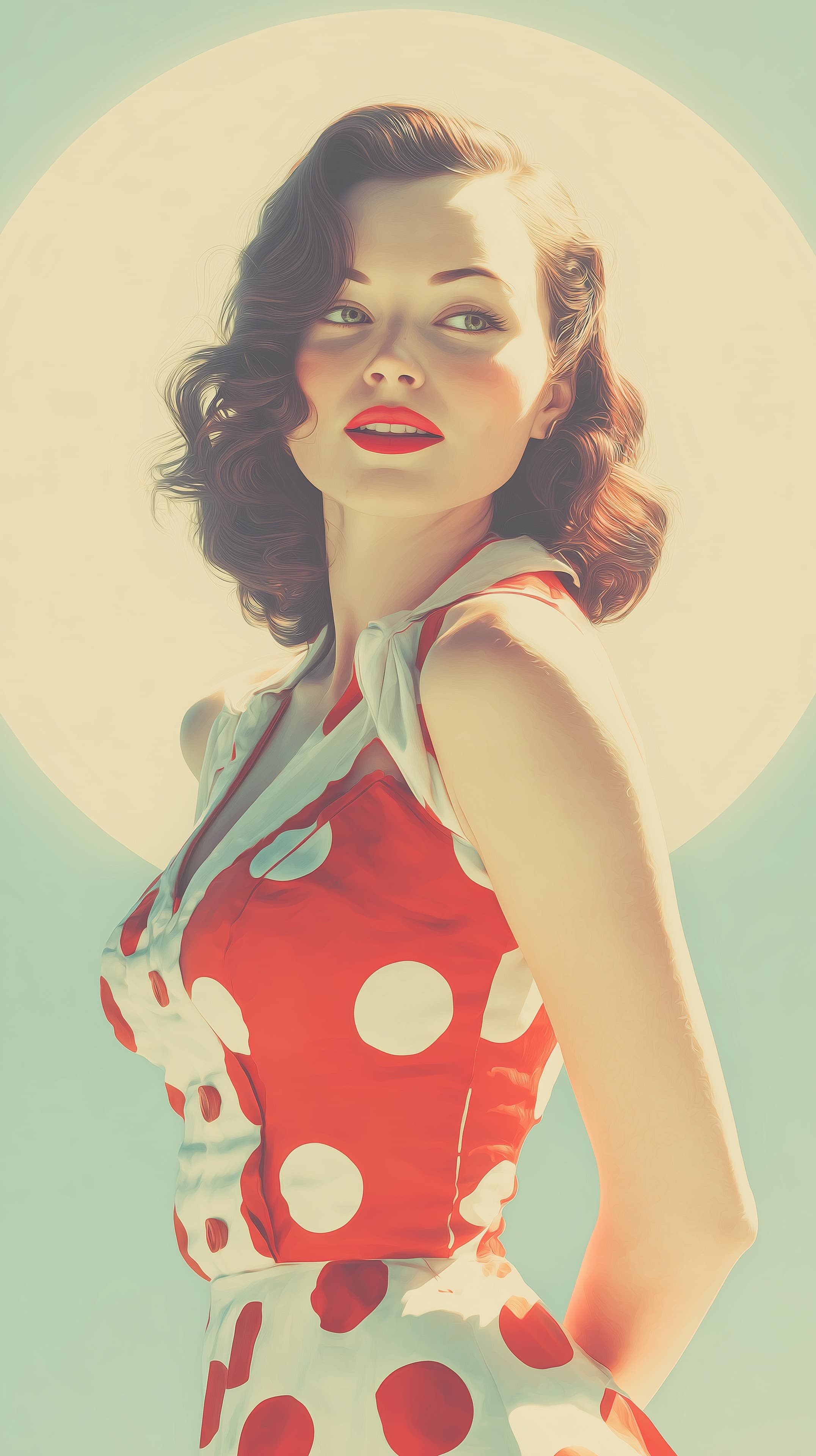 Vintage Retro Pin-Up Portrait: Red Polka Dot Dress Wallpaper - High Resolution classic-fashion Wallpaper for Mobile and Desktop
