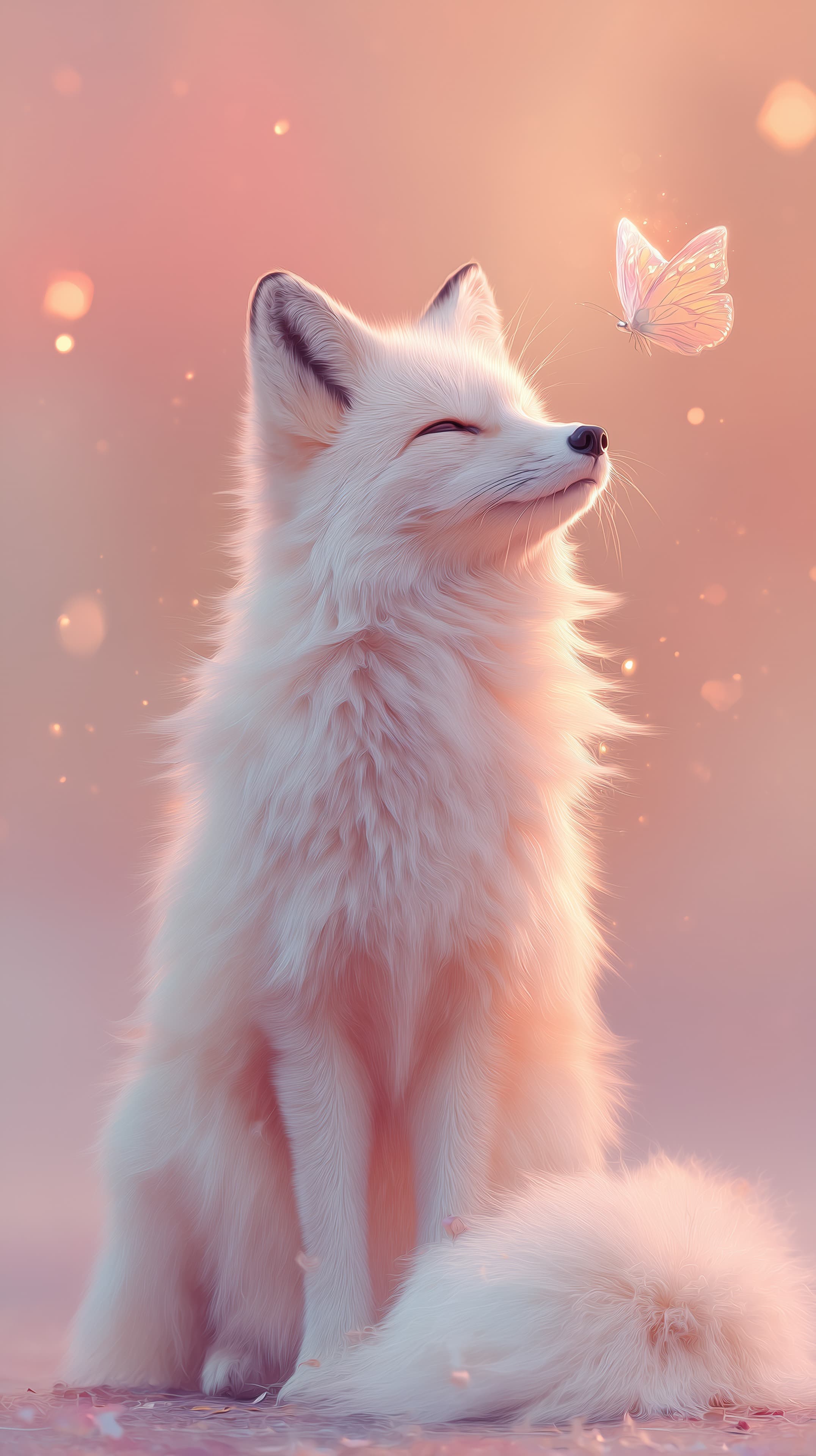 Pastel Dream: White Fox with Butterfly Wallpaper — Soft Glow - High Resolution bokeh Wallpaper for Mobile and Desktop