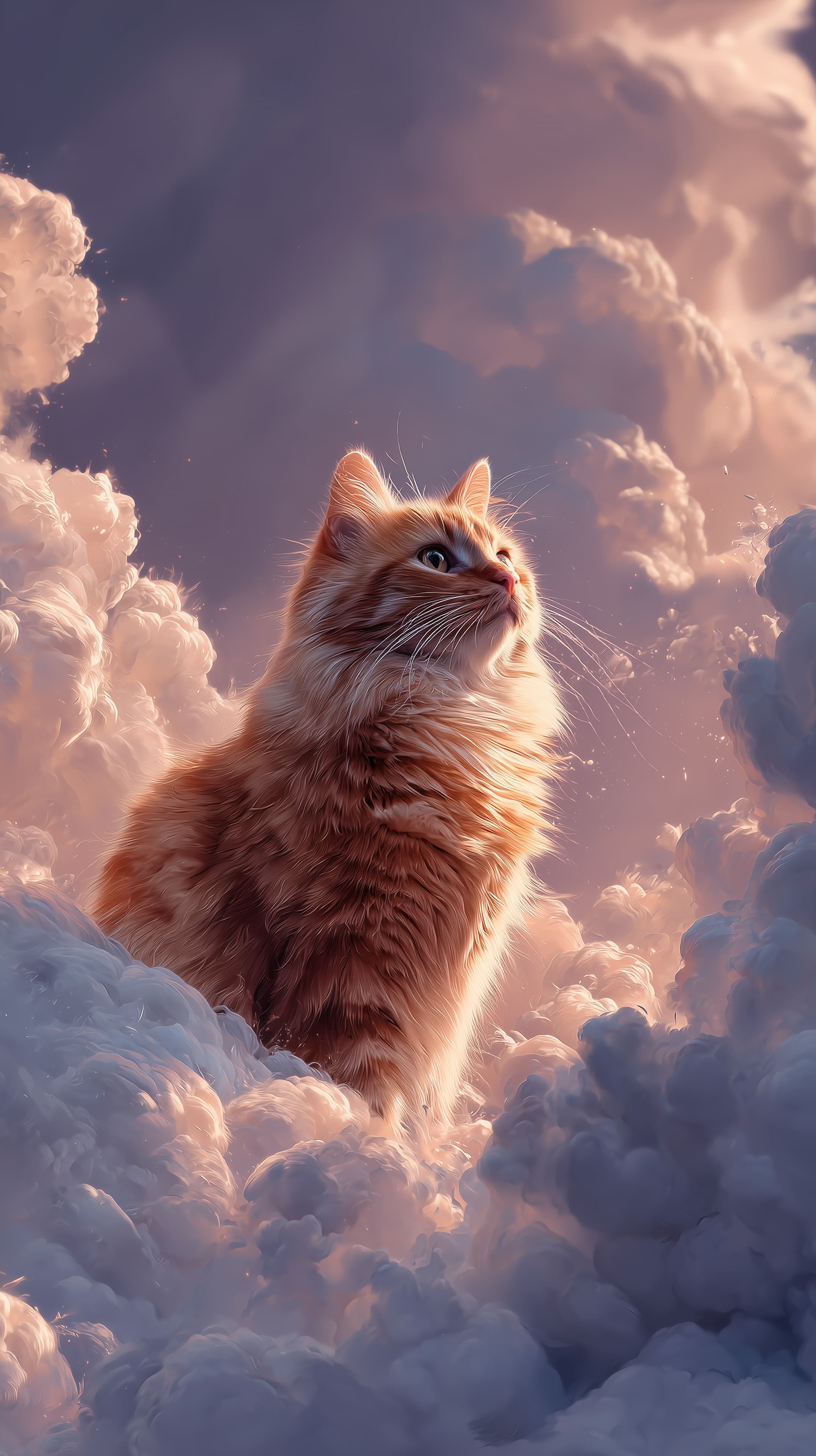 Dreamy orange cat among fluffy clouds in surreal pastel sky - High Resolution clouds Wallpaper for Mobile and Desktop