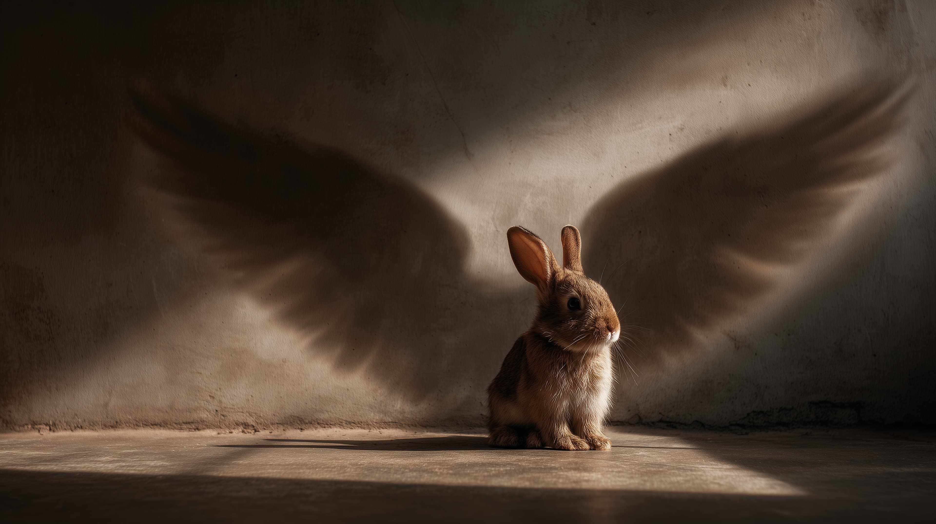 Winged Shadow Bunny in Warm Studio Light – Dreamy Fantasy Photo - High Resolution animal Wallpaper for Mobile and Desktop