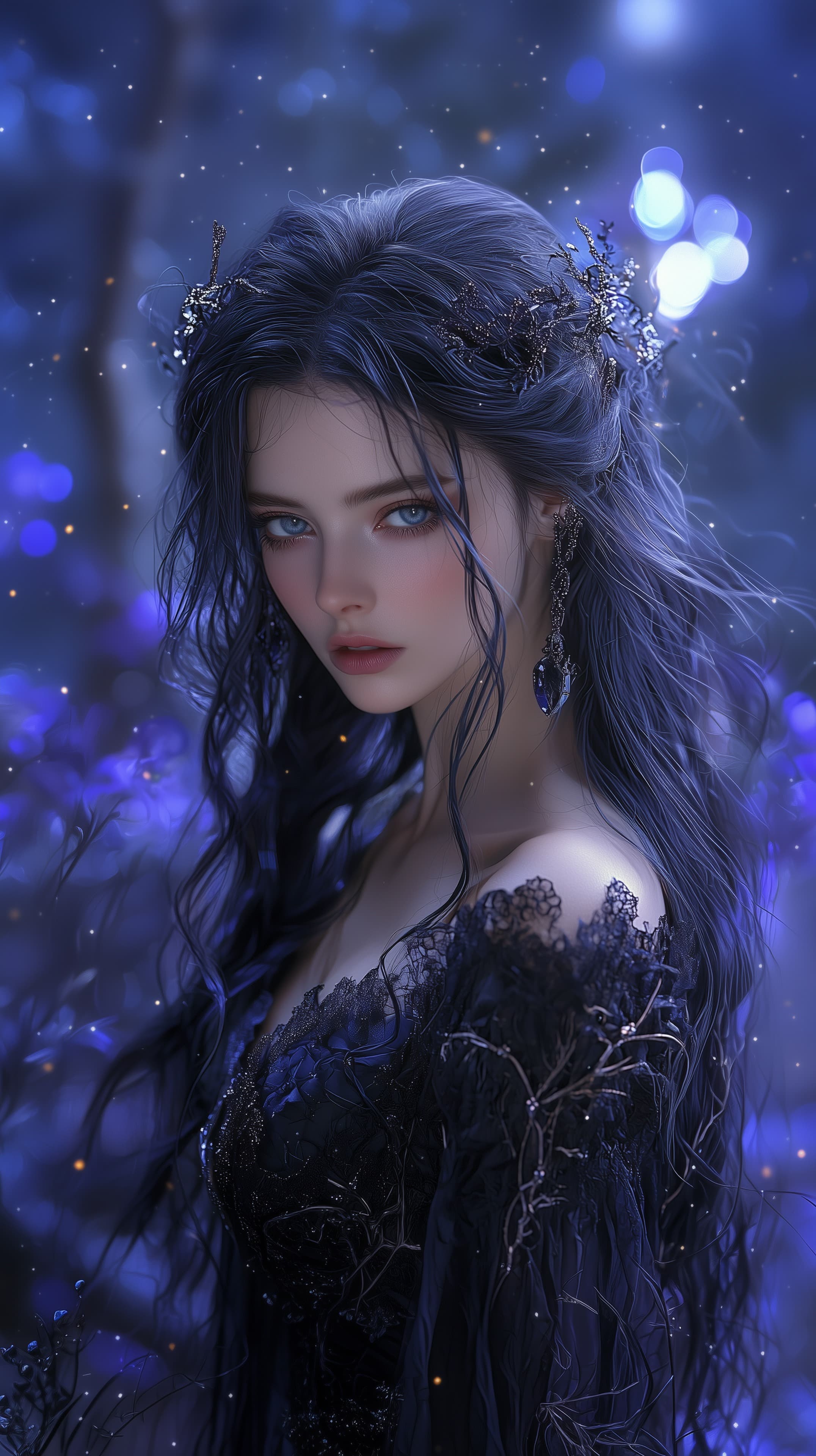 Moonlit Sapphire Maiden: Enchanted Fantasy Portrait Wallpaper - High Resolution blue Wallpaper for Mobile and Desktop