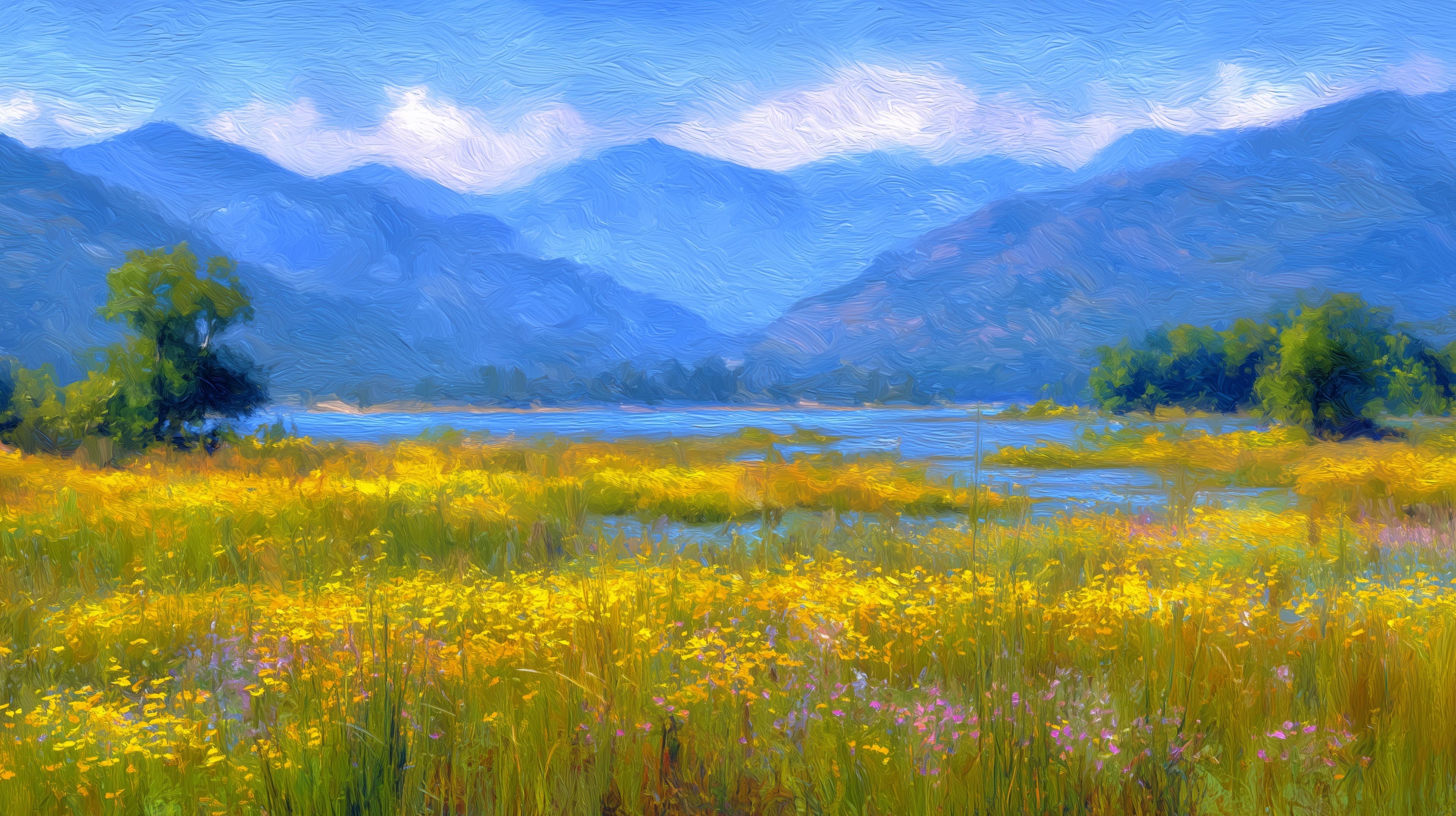 Sunlit Wildflower Meadow by a Serene Mountain Lake - Landscape - High Resolution brushstrokes Wallpaper for Mobile and Desktop