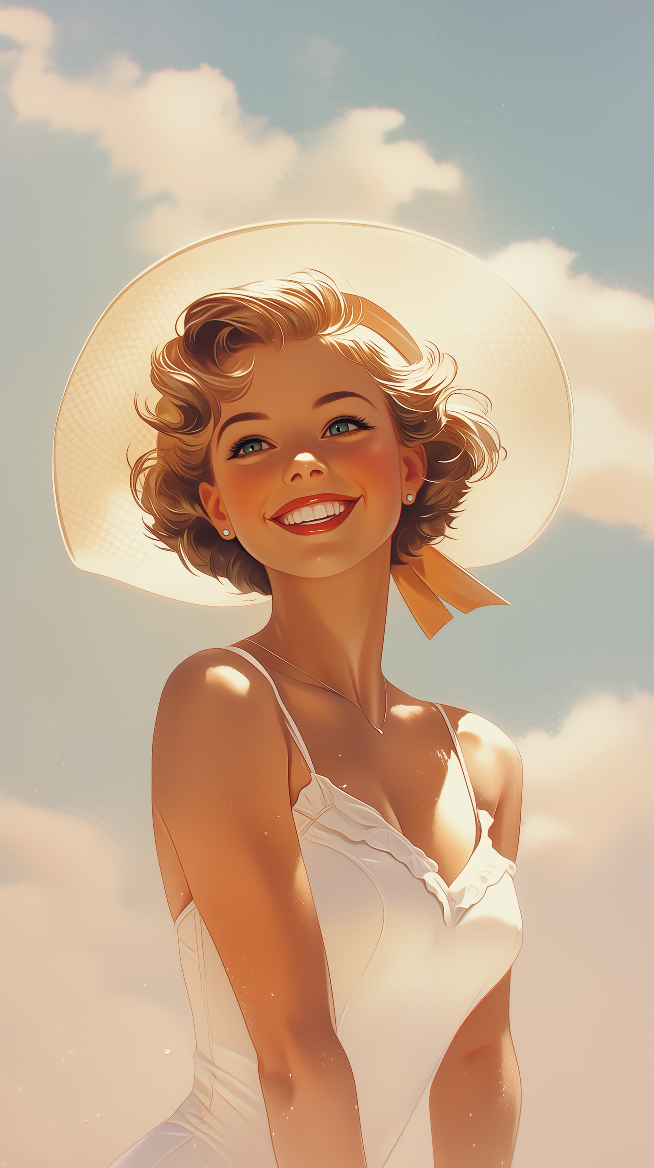 Sunny Vintage Portrait: Woman in White Dress Under Sun Hat - High Resolution blue-sky Wallpaper for Mobile and Desktop