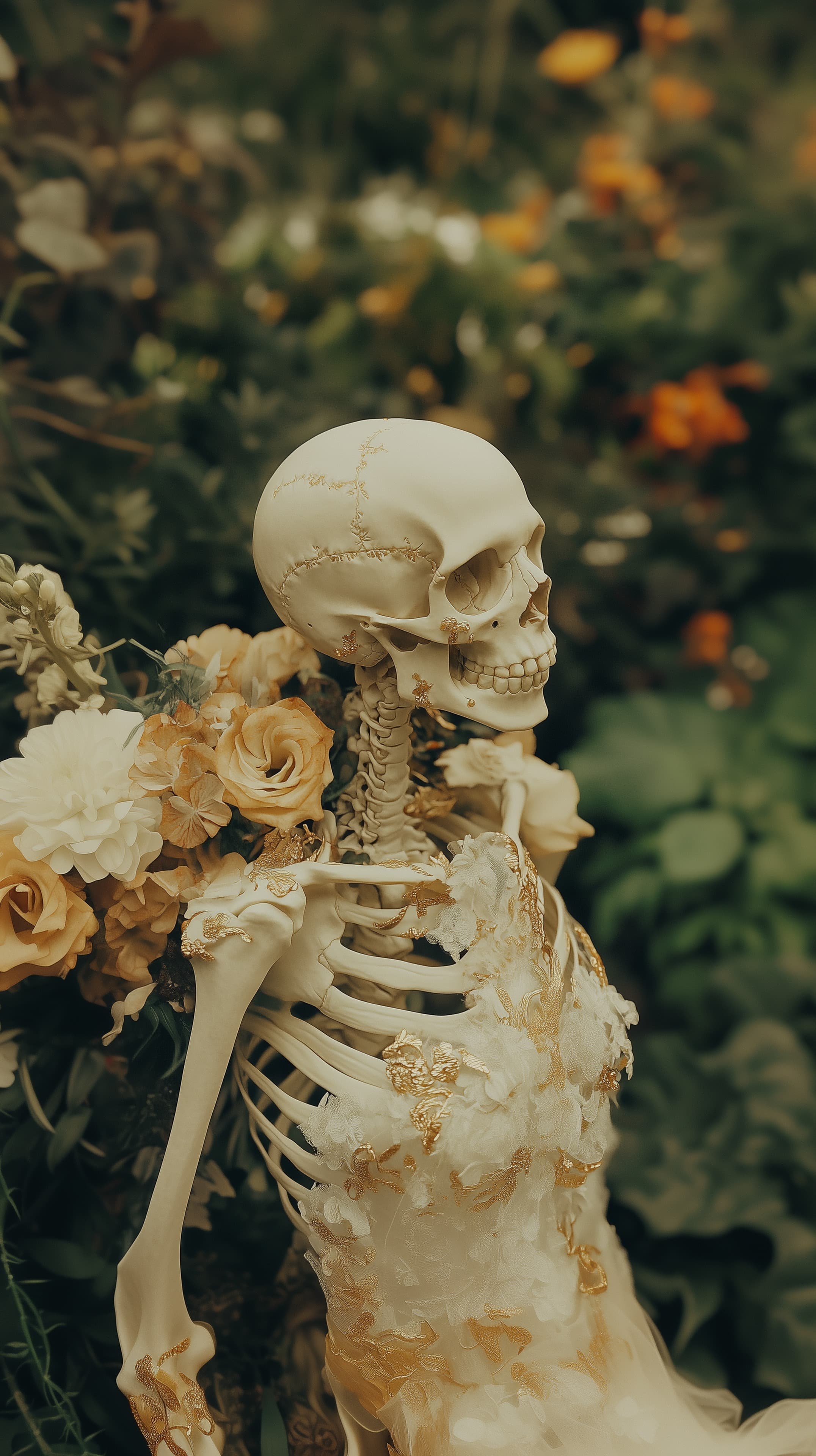 Skeleton Bride in Golden Lace Dress Among Garden Flowers Dreamscape - High Resolution bride Wallpaper for Mobile and Desktop