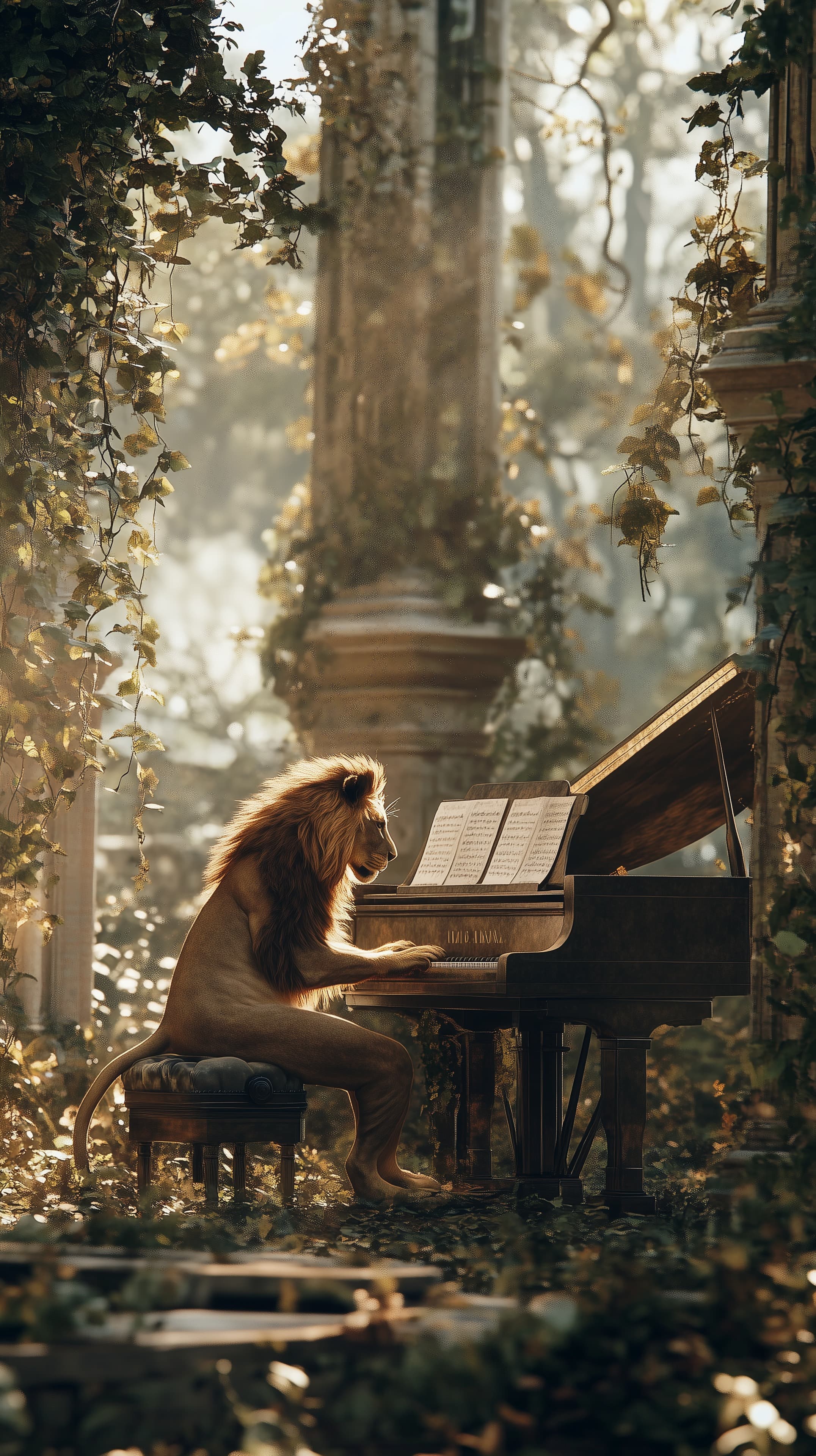 Dreamy Lion Plays a Grand Piano in Enchanted Garden - High Resolution dreamy Wallpaper for Mobile and Desktop