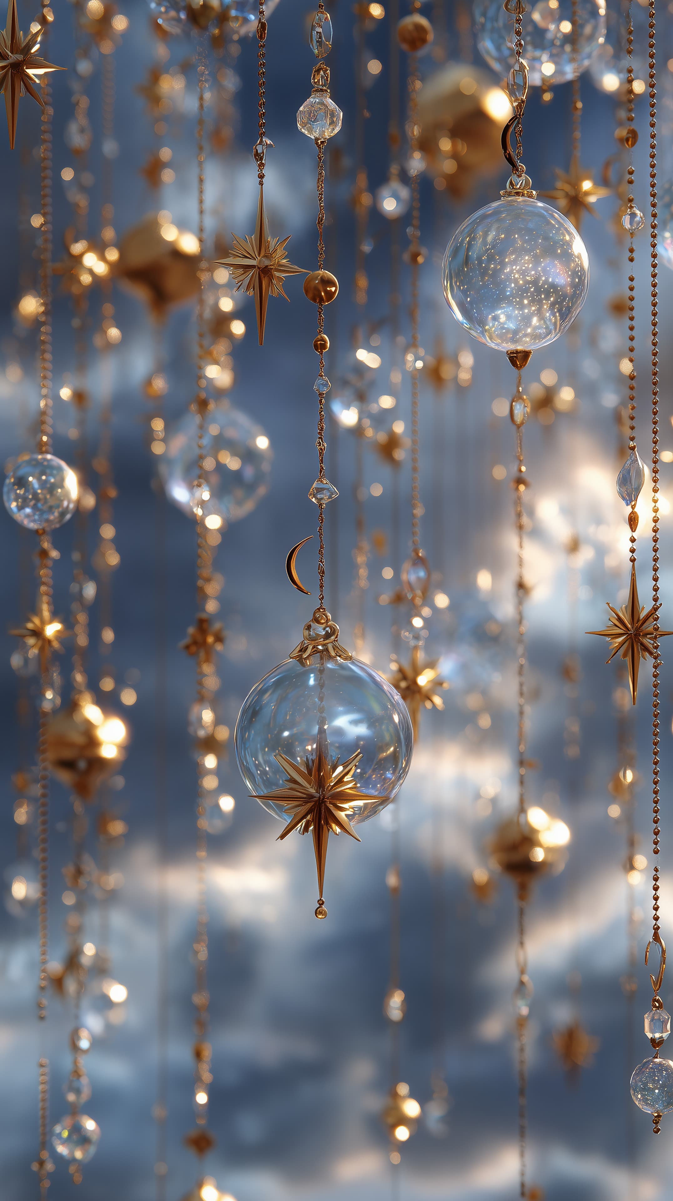 Golden Glass Ornaments with Star Charms in Dreamy Hanging Decor - High Resolution blue-backdrop Wallpaper for Mobile and Desktop