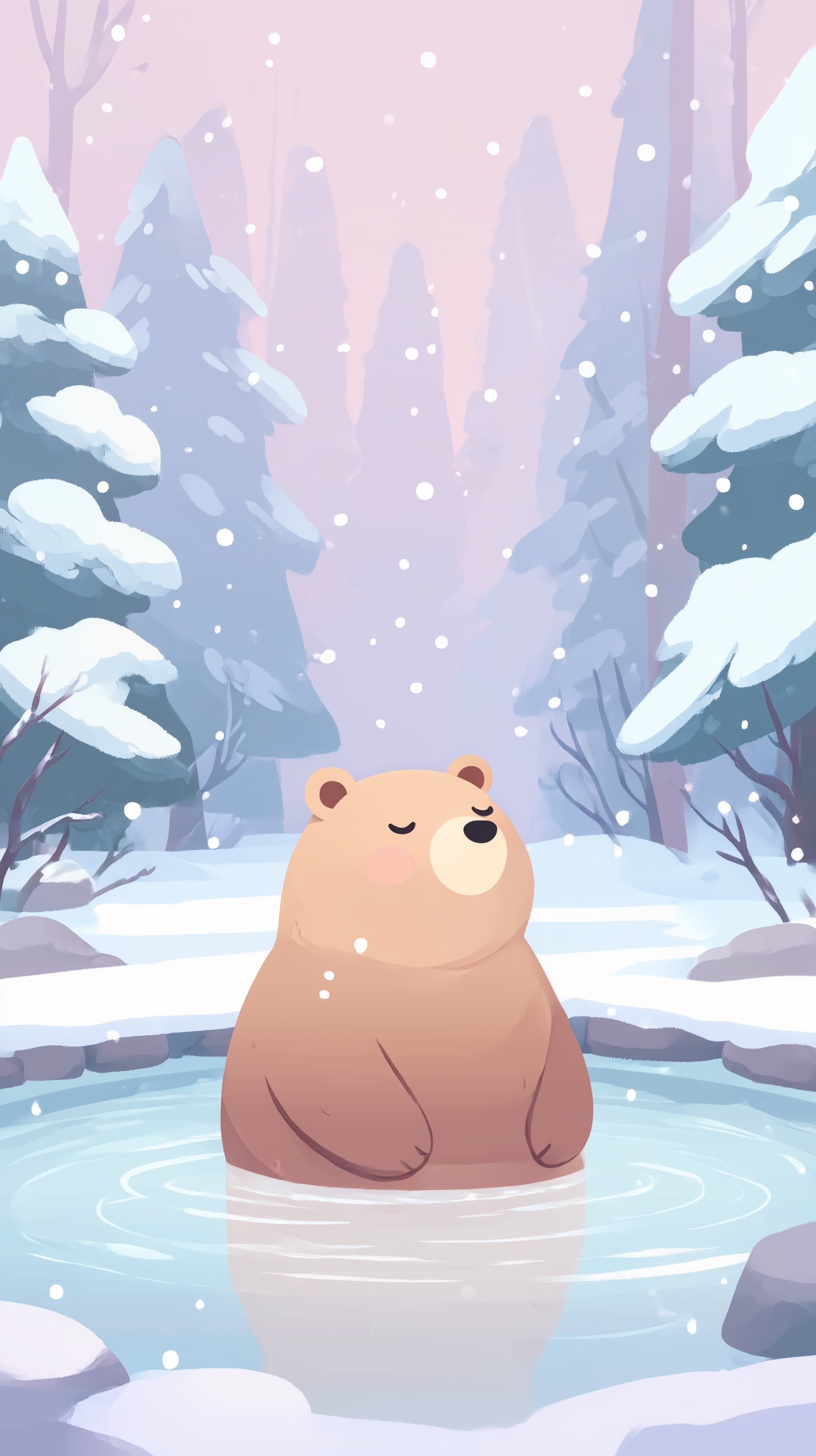 Pastel Winter Forest Bear Wallpaper - Cozy Snow Scene - High Resolution bear Wallpaper for Mobile and Desktop