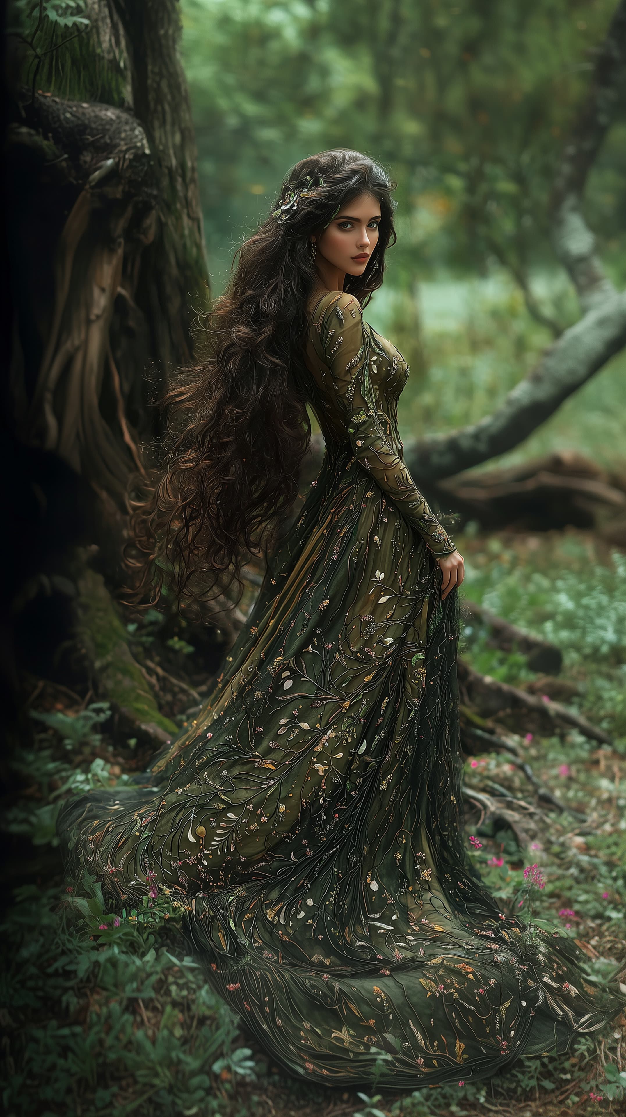 Enchanted Forest Gown: Elegant Green Floral Evening Dress - High Resolution elegant-dress Wallpaper for Mobile and Desktop