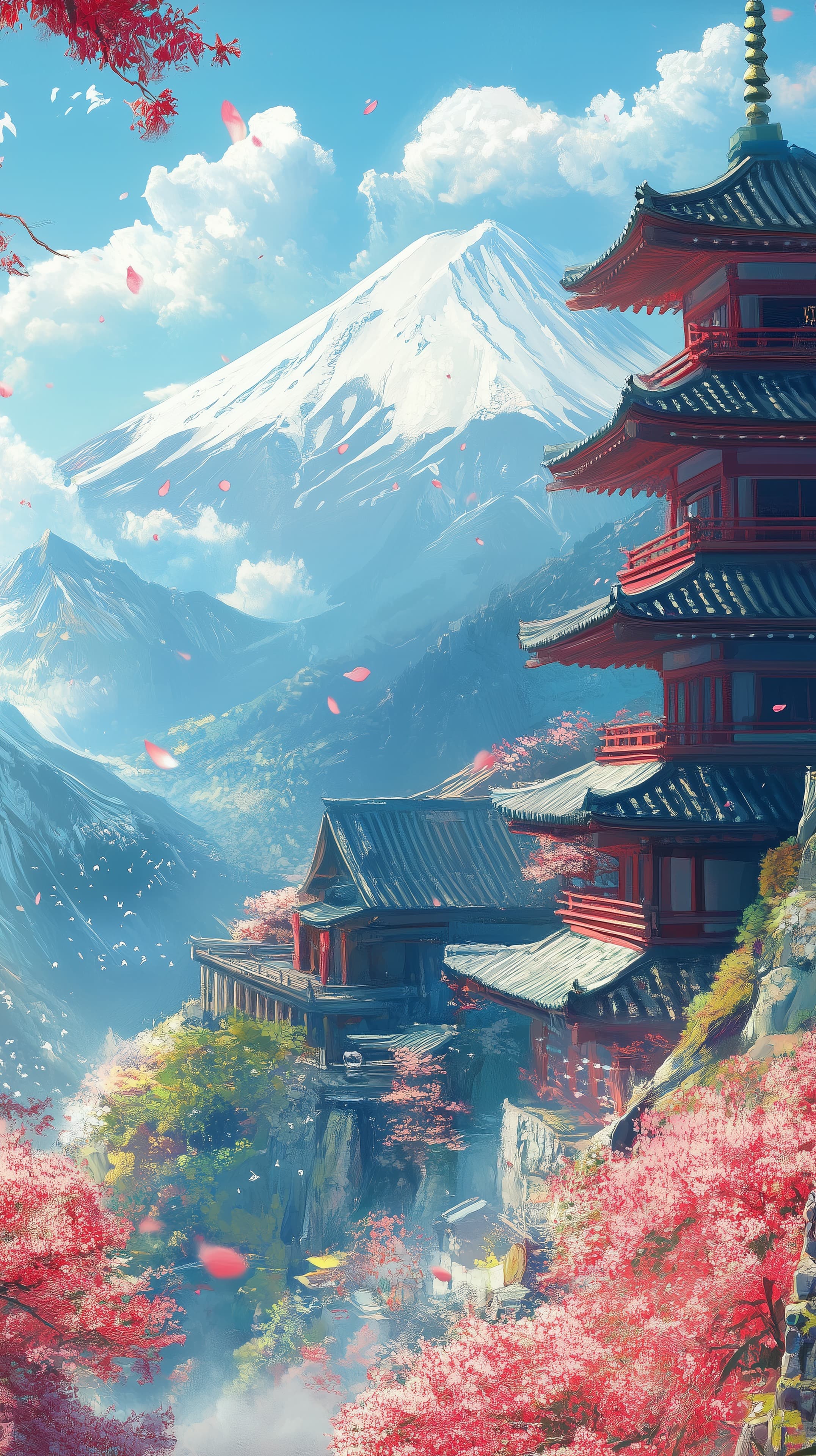 Tranquil Mountain Pagoda Amid Cherry Blossoms and Snow-Capped Peaks - High Resolution blue-sky Wallpaper for Mobile and Desktop