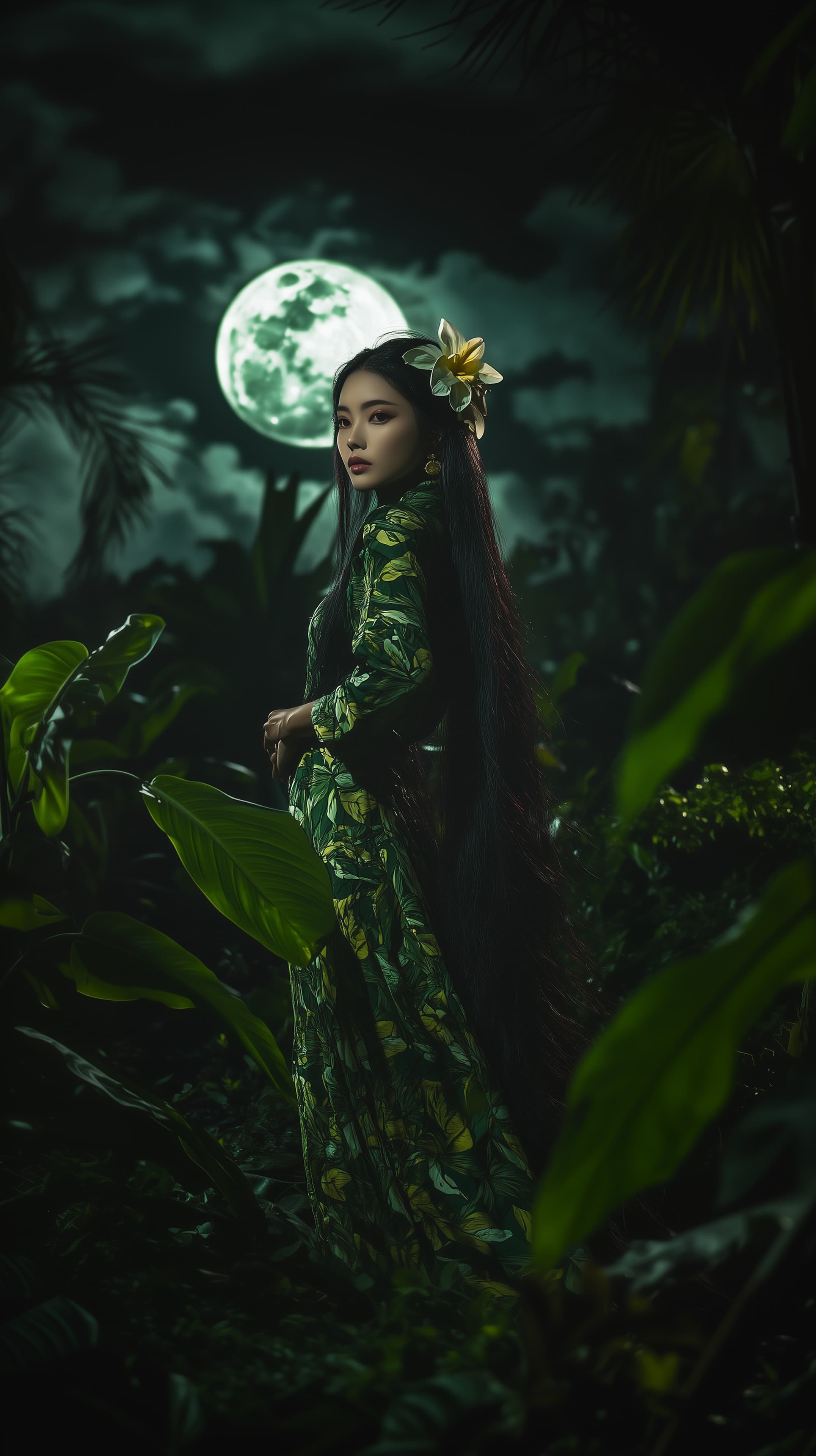 Moonlit Tropical Night: Enchanted Floral Dress Portrait Scene - High Resolution floral Wallpaper for Mobile and Desktop