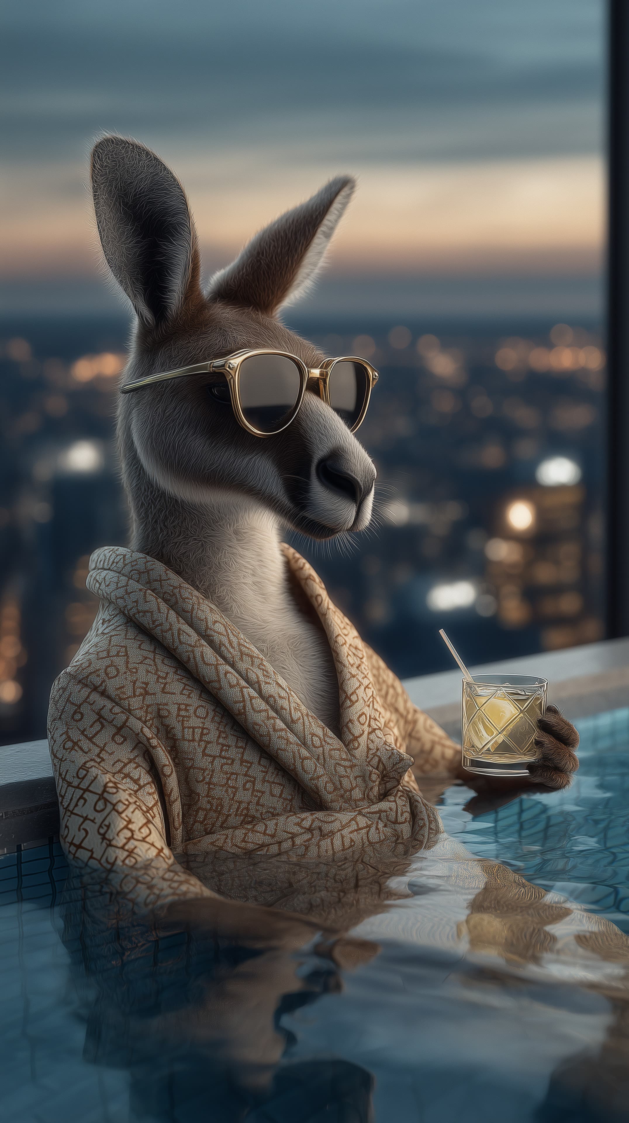Sunset skyline lounge: kangaroo in robe with sunglasses by pool - High Resolution kangaroo Wallpaper for Mobile and Desktop