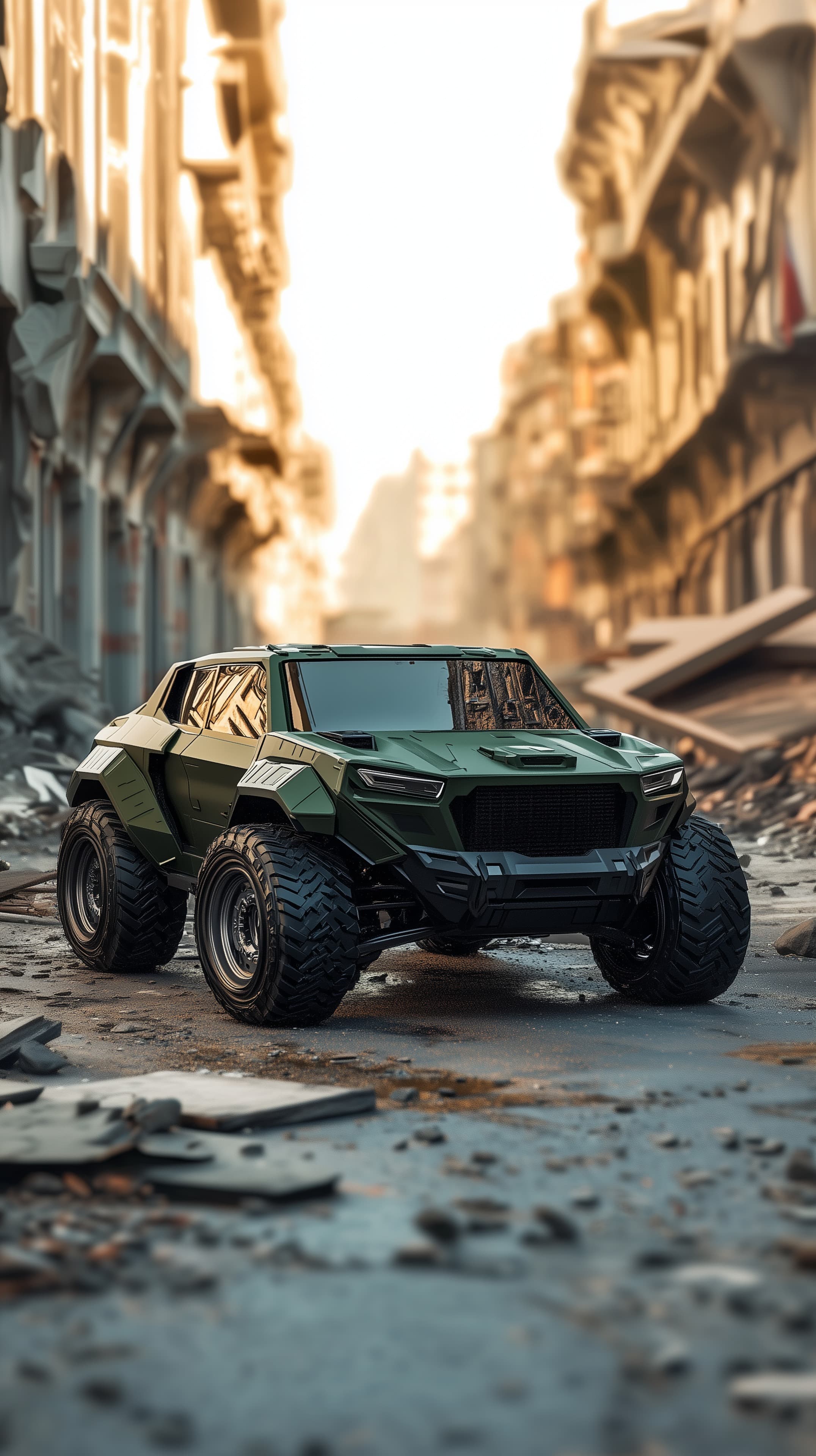Futuristic armored off-road vehicle in ruined cityscape - High Resolution armored-off-road Wallpaper for Mobile and Desktop