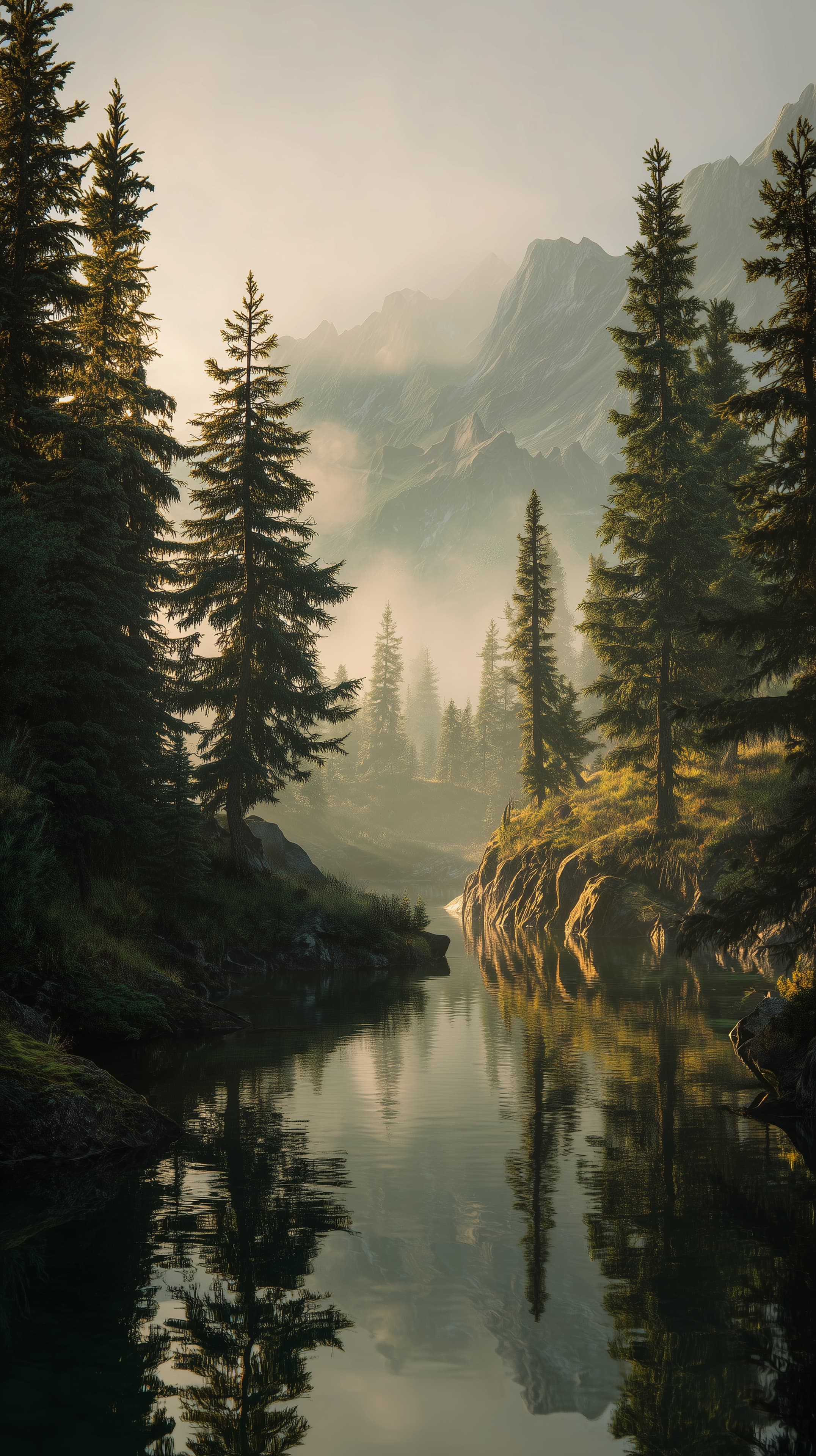 Serene Mountain Forest at Golden Hour River Wallpaper - High Resolution alpine-landscape Wallpaper for Mobile and Desktop