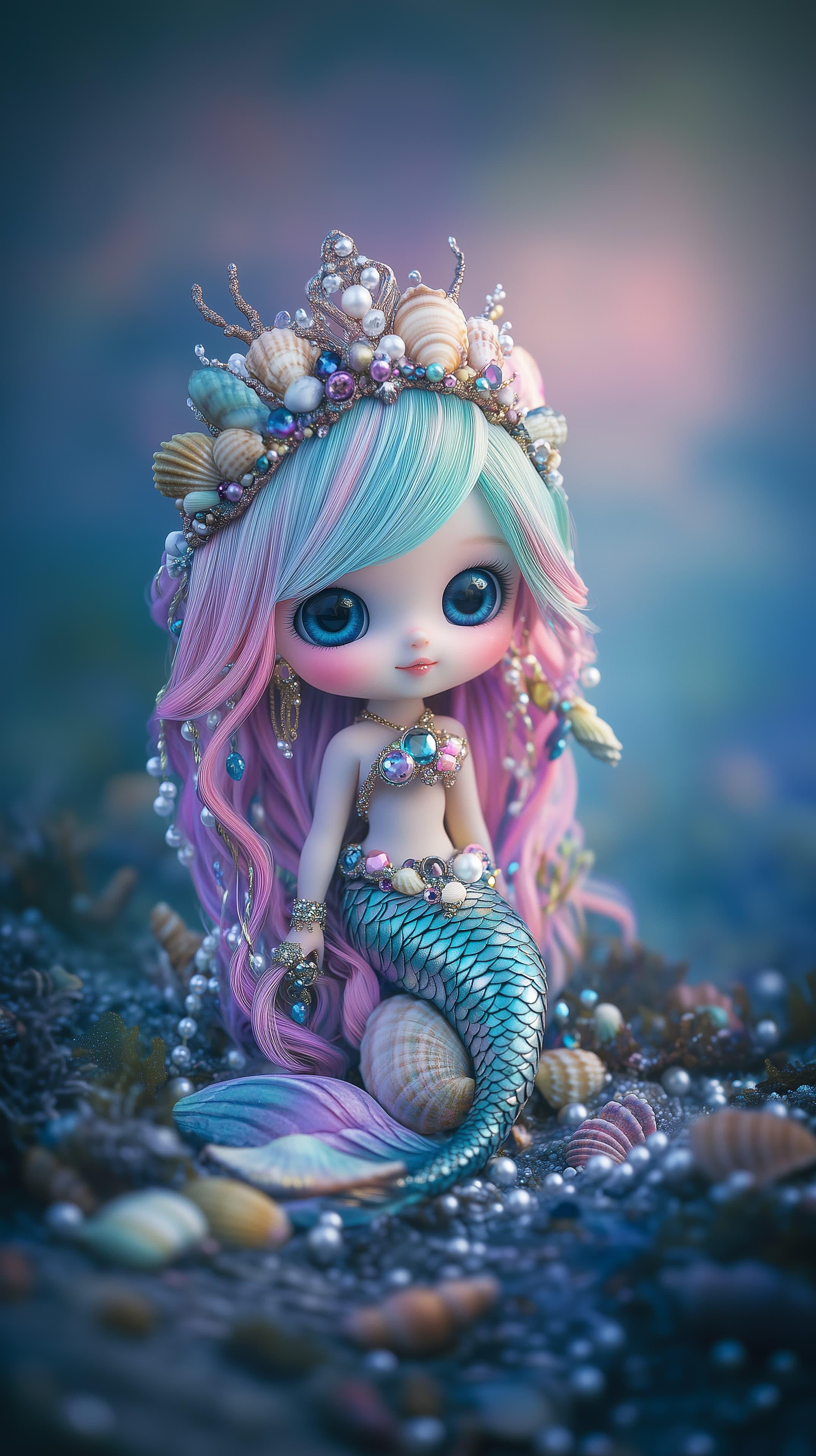 Pastel Mermaid Doll with Shell Crown - Ocean Fantasy Wallpaper - High Resolution aquatic-decor Wallpaper for Mobile and Desktop