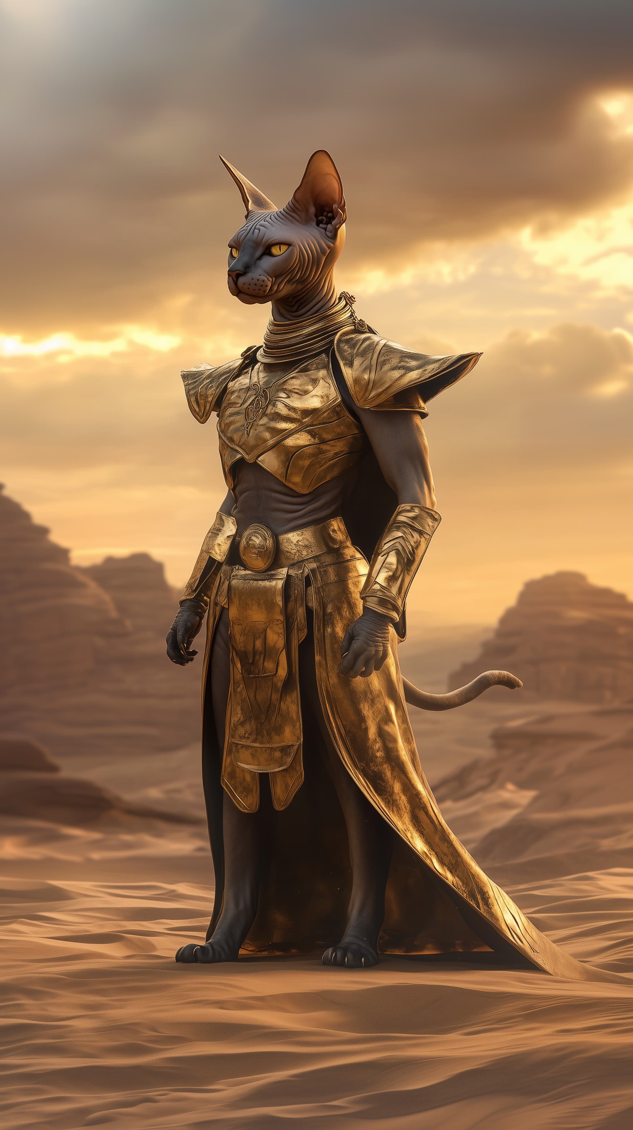 Golden Armored Cat Warrior Stands in Desert Sunset - High Resolution ancient-inspired-design Wallpaper for Mobile and Desktop